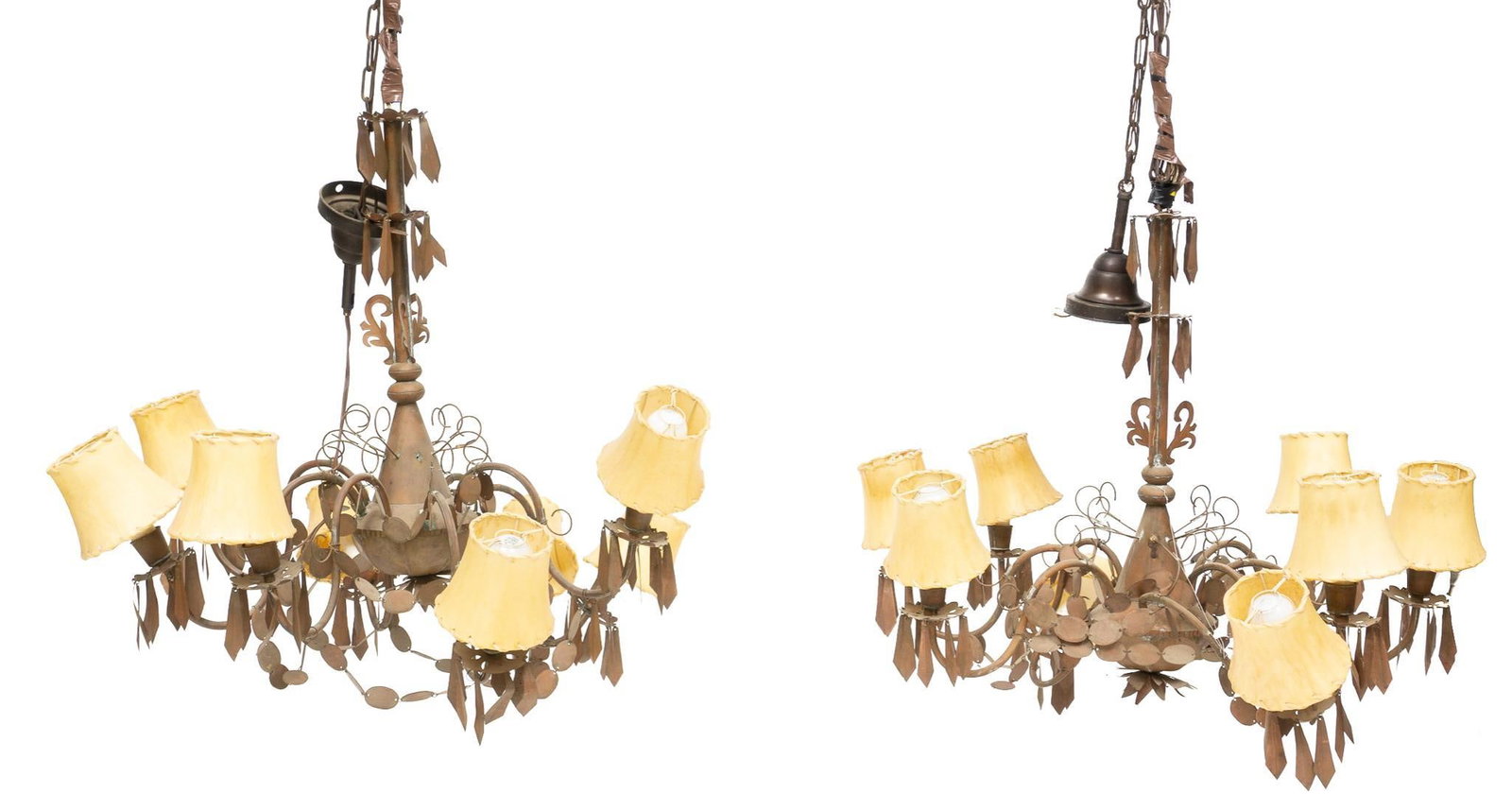 Pair of Mexican Copper Chandeliers: Pair of hand-crafted Mexican copper chandeliers, six light fixtures, with shades, punched and cut pendalogue crystals, scrolled motif height 34 in. x width 36 in. x depth 36 in. / each 