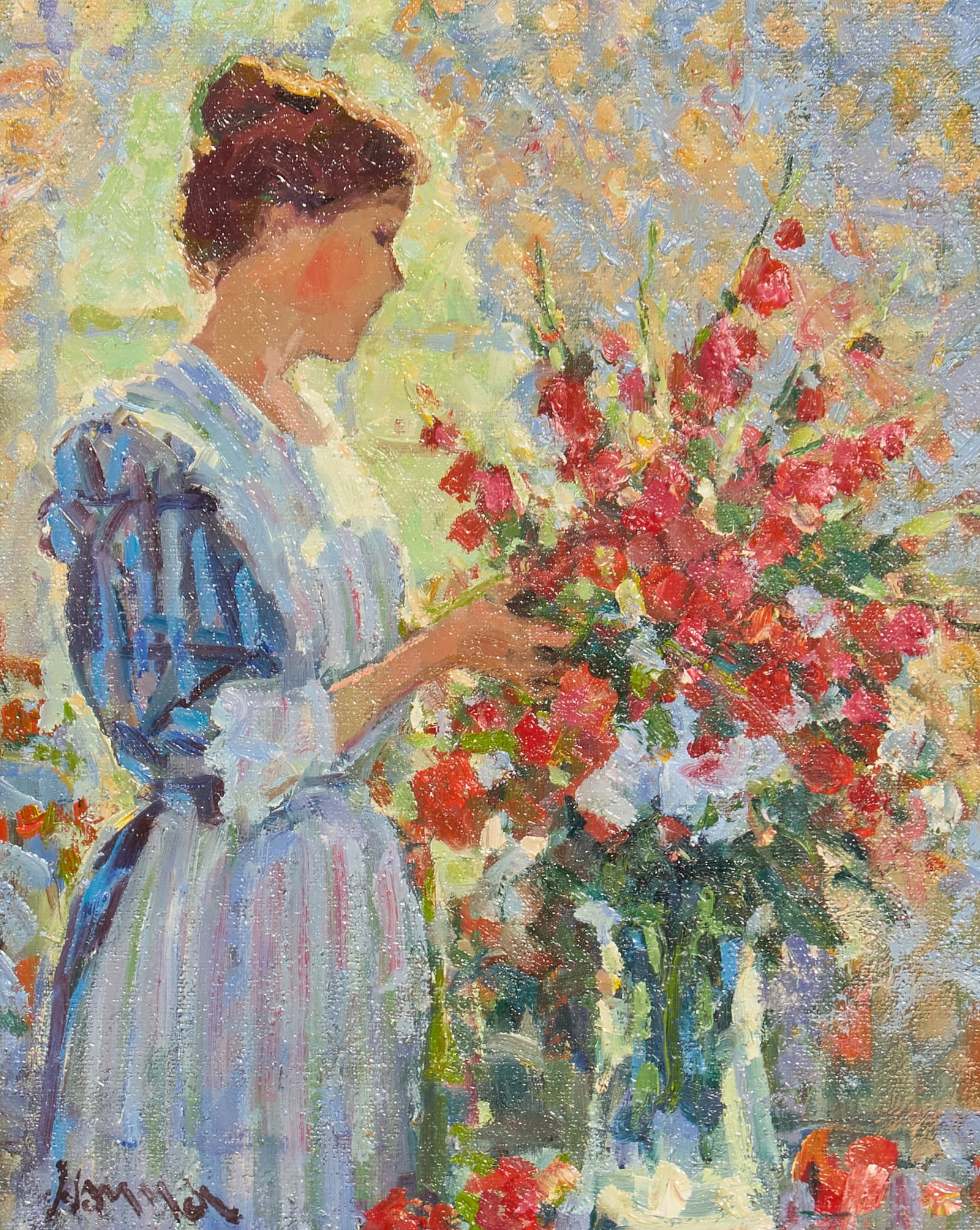 Robert Hamman, "Arranging Flowers": Robert Hamman (Texas, b. 1938), "Arranging Flowers", oil on canvas, signed lower left sight: 10 x 8 in., frame: 23.5 x 21.5 in. Provenance: Property from a home in San Antonio,