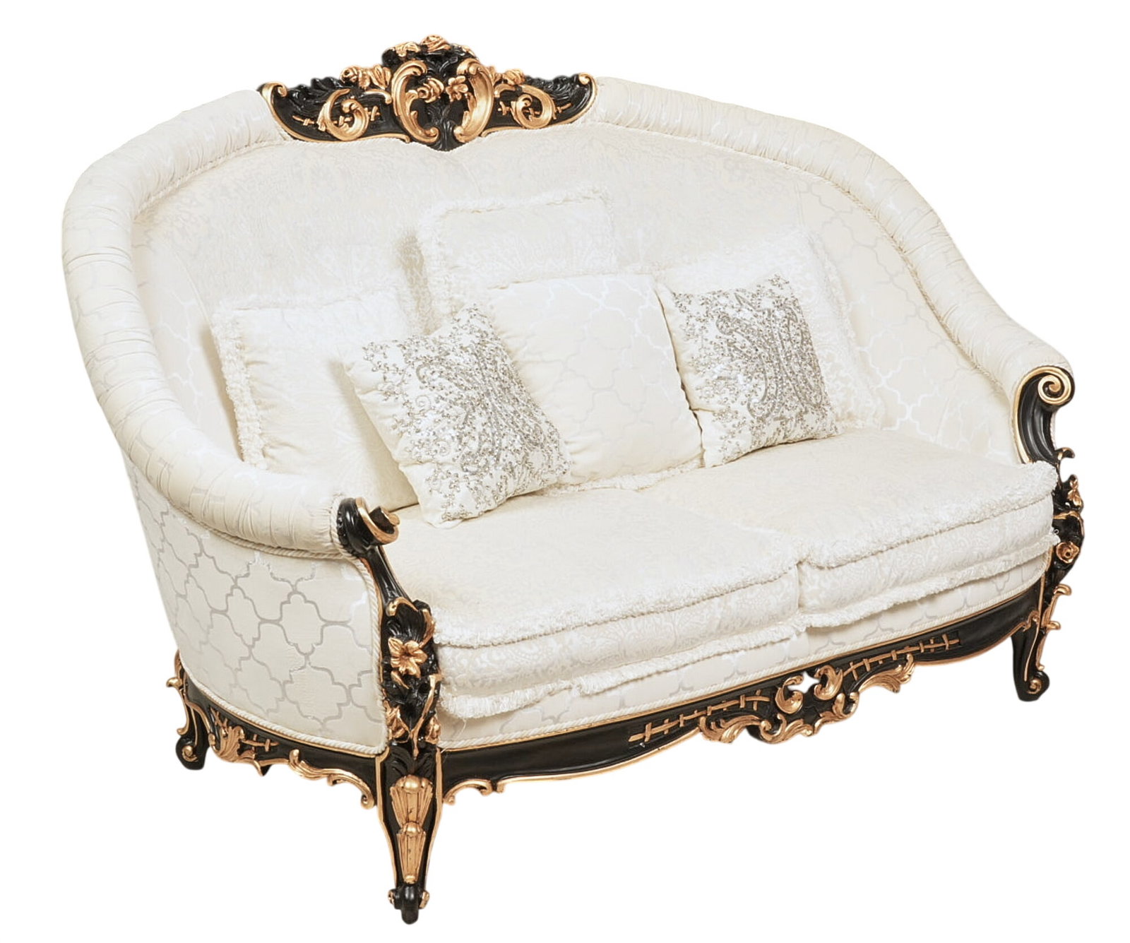 Italian Sofa: Italian sofa with plush white upholstery and black and gold painted decorative frame height 50 in. x width 75 in. x depth 41 in. Provenance: Property from the Estate of Robert A. "Bob" Funk