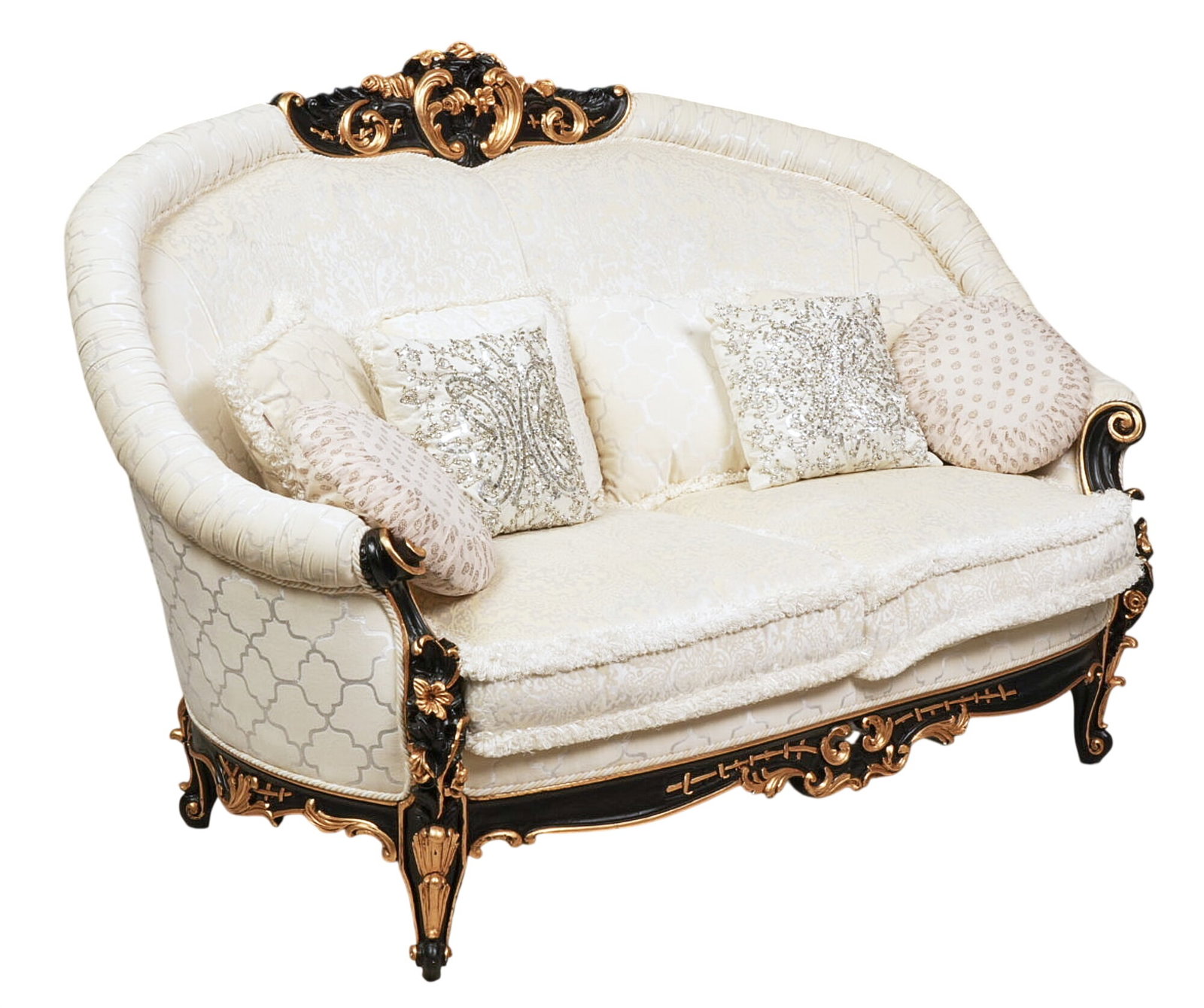 Italian Sofa: Italian sofa with plush white upholstery and black and gold painted decorative frame height 50 in. x width 75 in. x depth 41 in. Provenance: Property from the Estate of Robert A. "Bob" Funk