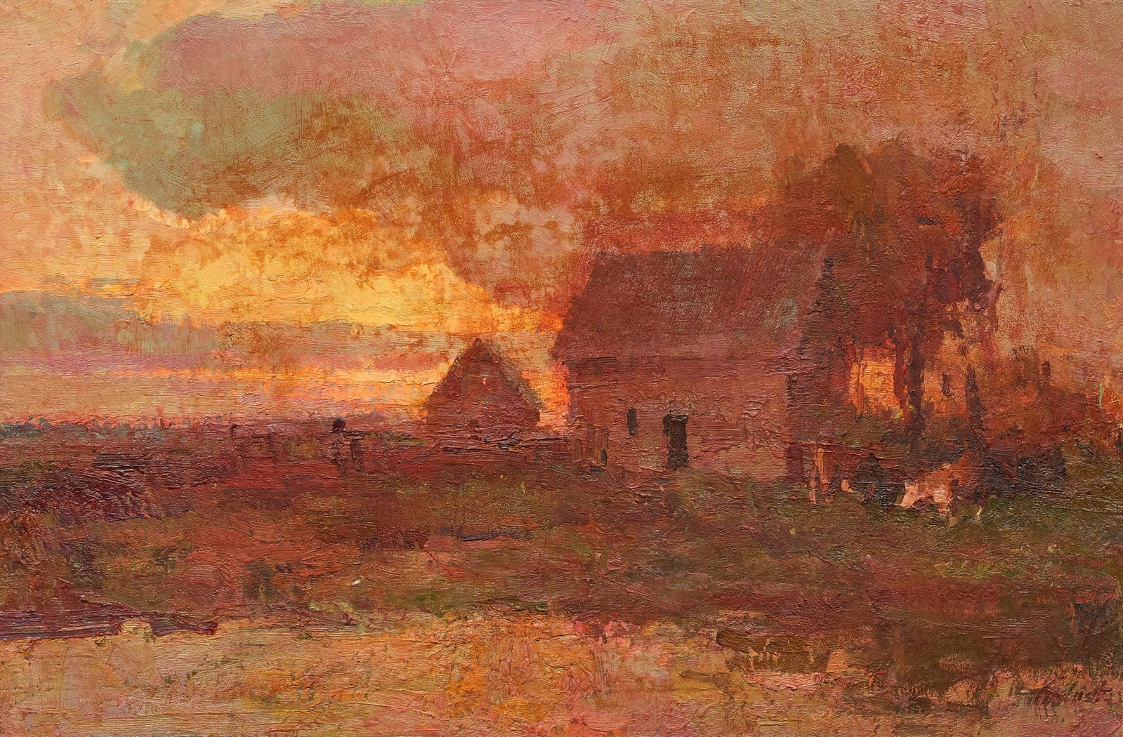 Galust Berberian, Sunset Landscape: Galust Berberian (Idaho, b. 1955), farmhouse at dusk, oil on canvas, signed lower right sight: 20 x 30 in., frame: 28 x 38 in. Provenance: The estate of prominent Austin, Texas attorney George