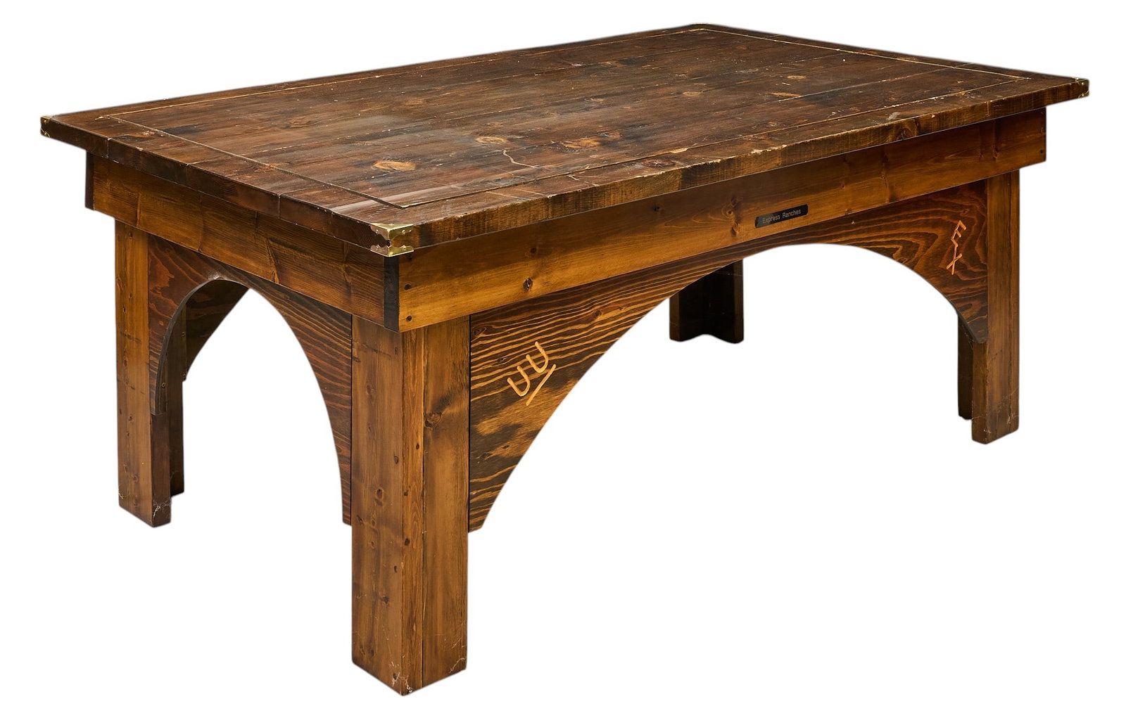 Express Ranches Ranch Style Table: Ranch style table with cattle brand and brass mounted decoration, labeled "Express Ranches" (Yukon, Oklahoma), owned by Robert "Bob" Funk height 29.5 in. x width 71 in. x depth 45 
