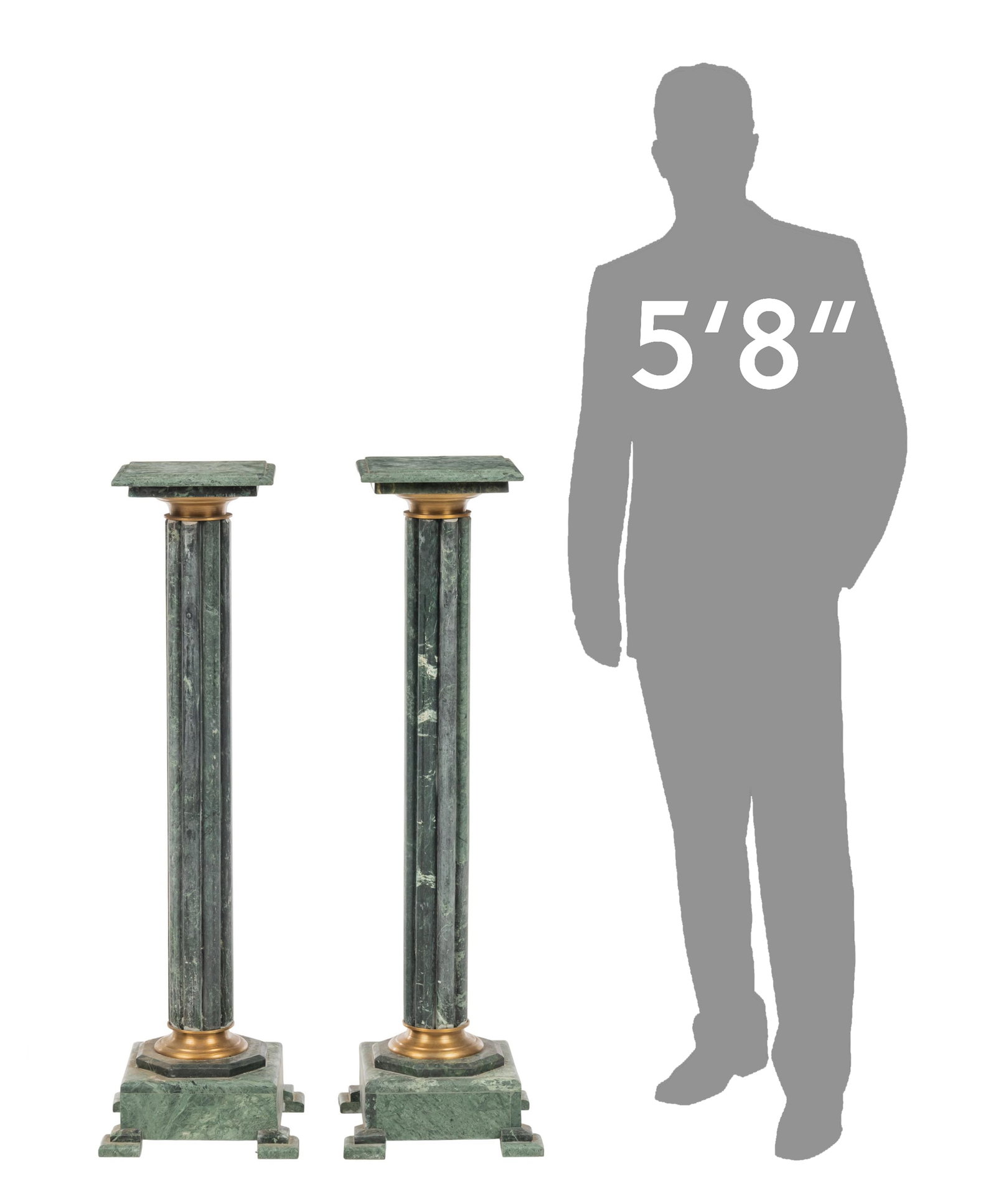 Pair of Marble Pedestals: Pair of Napoleon III style pillars, composed of green marble, with fluted columns and brass toned accents height 44.5 in. x width 13 in. x depth 12.75 in. / each Provenance: Property from a