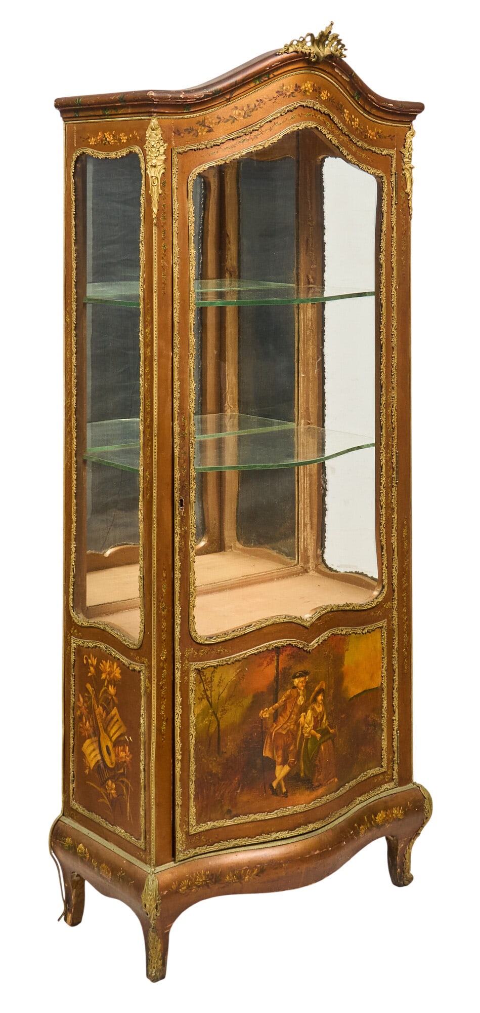 Louis XV Style Vitrine: Louis XV style vitrine cabinet with glass shelves, painted panels, and gilt-brass mount decoration height 68 in. x width 27 in. x depth 17 in. Provenance: Property from a home in