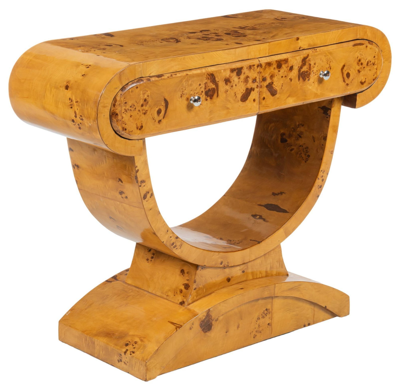 Art Moderne Burlwood Console Table: Art Moderne burlwood console table, with curved waterfall sides and two drawers, supported on U-shape pedestal base height 35 in. x width 42.5 in. x depth 17 in. Provenance: Property