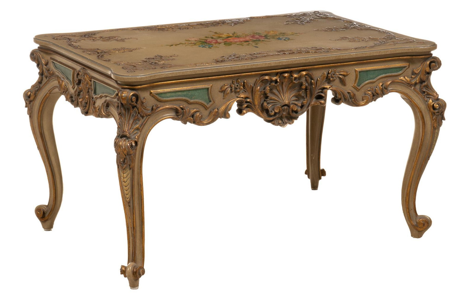 Vintage Painted Rococo Style Coffee Table: Vintage Rococo style coffee table with carved frame with scrollwork and cabriole legs height 20 in. x width 34.5 in. x depth 23 in. Provenance: Property from a home in San Antonio, Texas