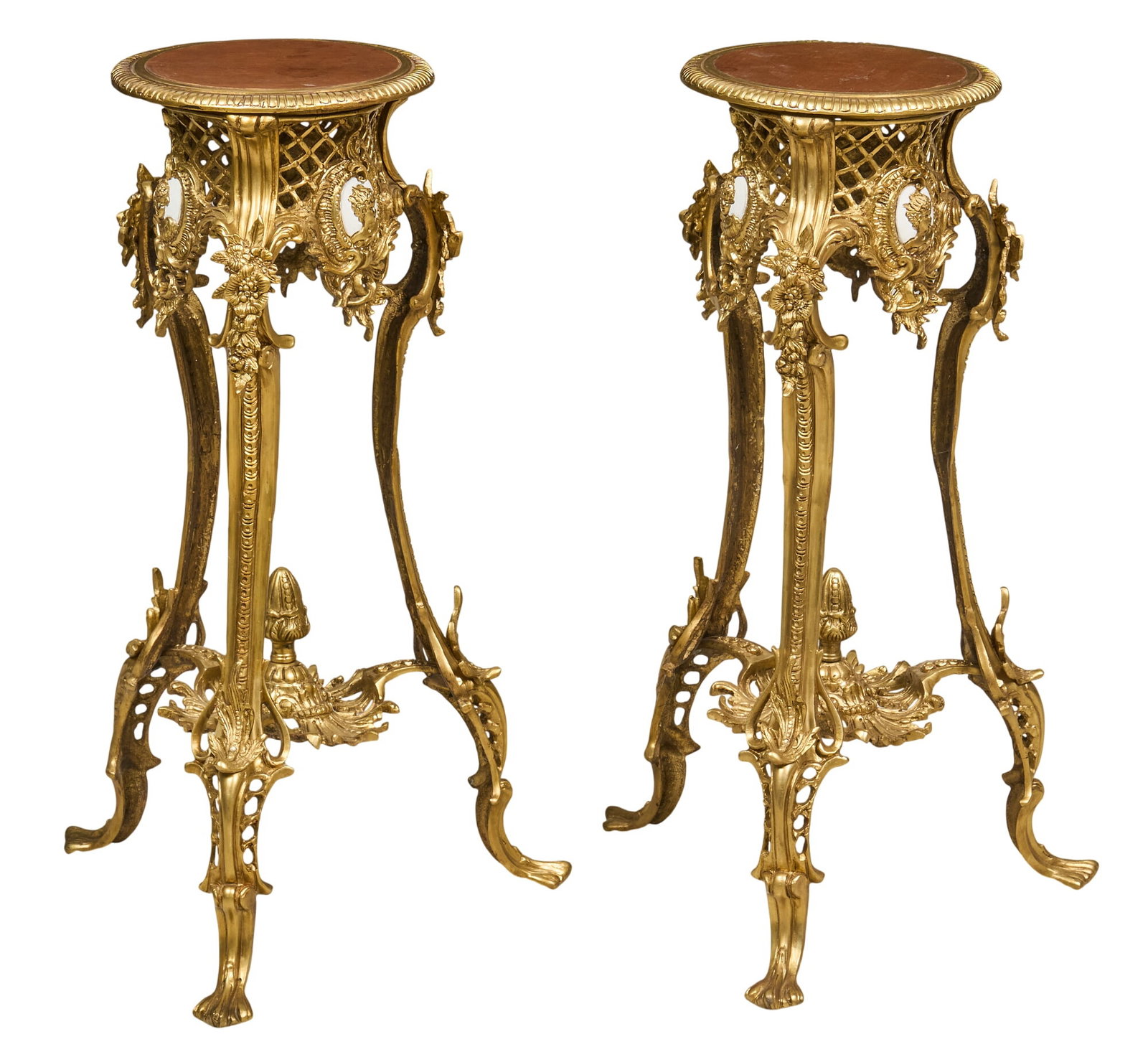 Pair of Rococo Style Ormolu Stands: Pair of Rococo style ormolu plant stands with intricate scrollwork and wooden top height 28.5 in. x width 17 in. x depth 16 in. / each Provenance: Property from the personal collection of a