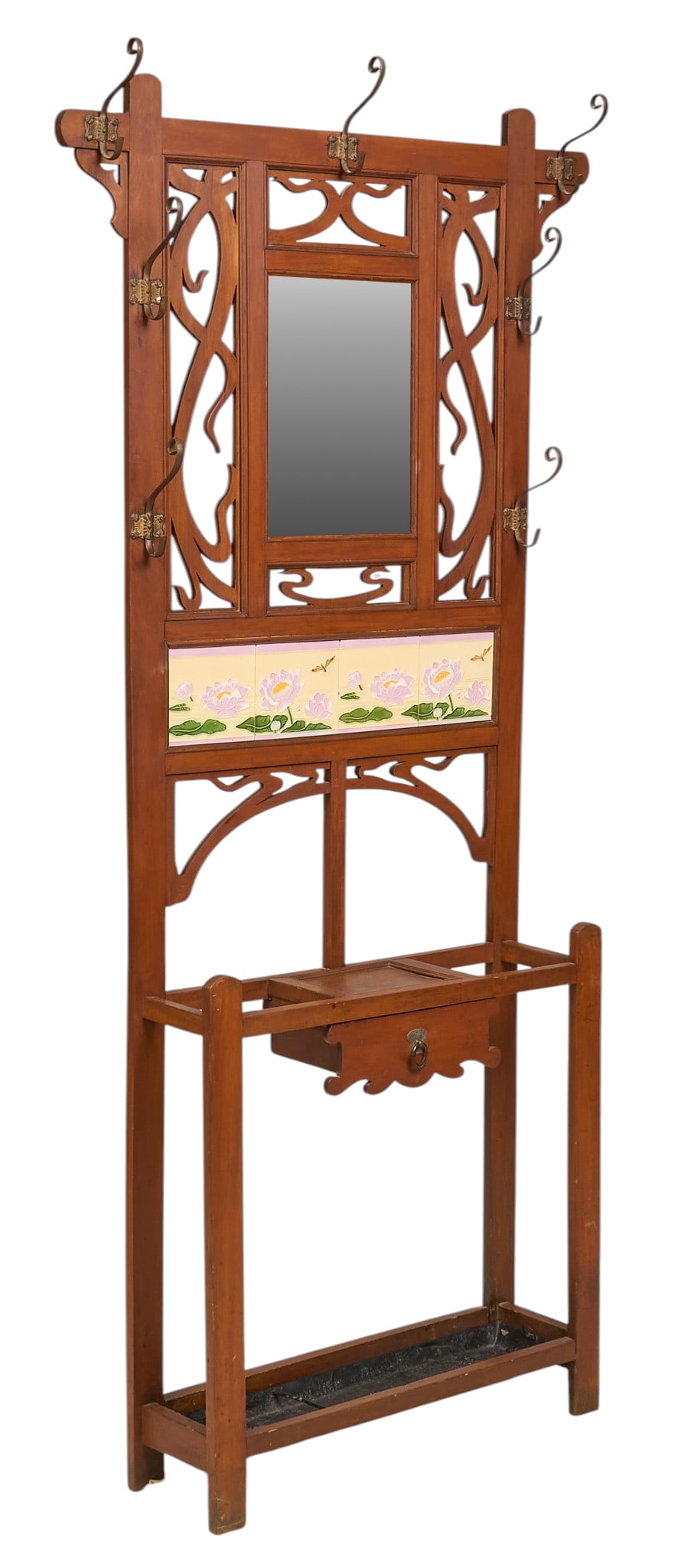 Art Nouveau Style Hall Tree: Vintage Art Nouveau style hall tree with beveled mirror, hooks, and single drawer below ceramic tile decoration height 78.5 in. x width 36.5 in. x depth 8.5 in. Provenance: Property from