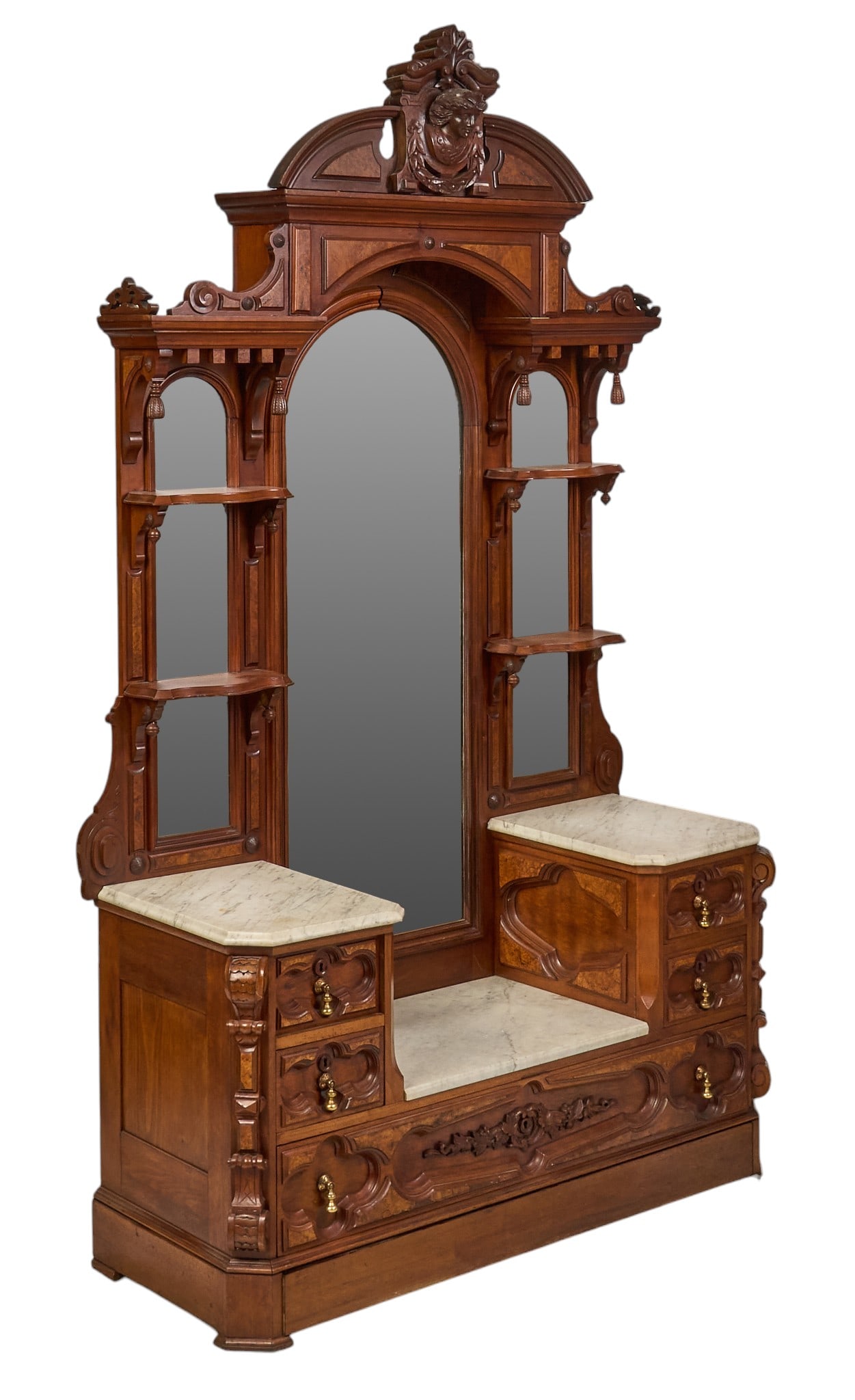 American Victorian Marble Top Dresser: American Victorian marble top dark wooden dresser with mirrors and five drawers height 97 in. x width 57 in. x depth 22 in. Provenance: Property from a home in Boerne, TX