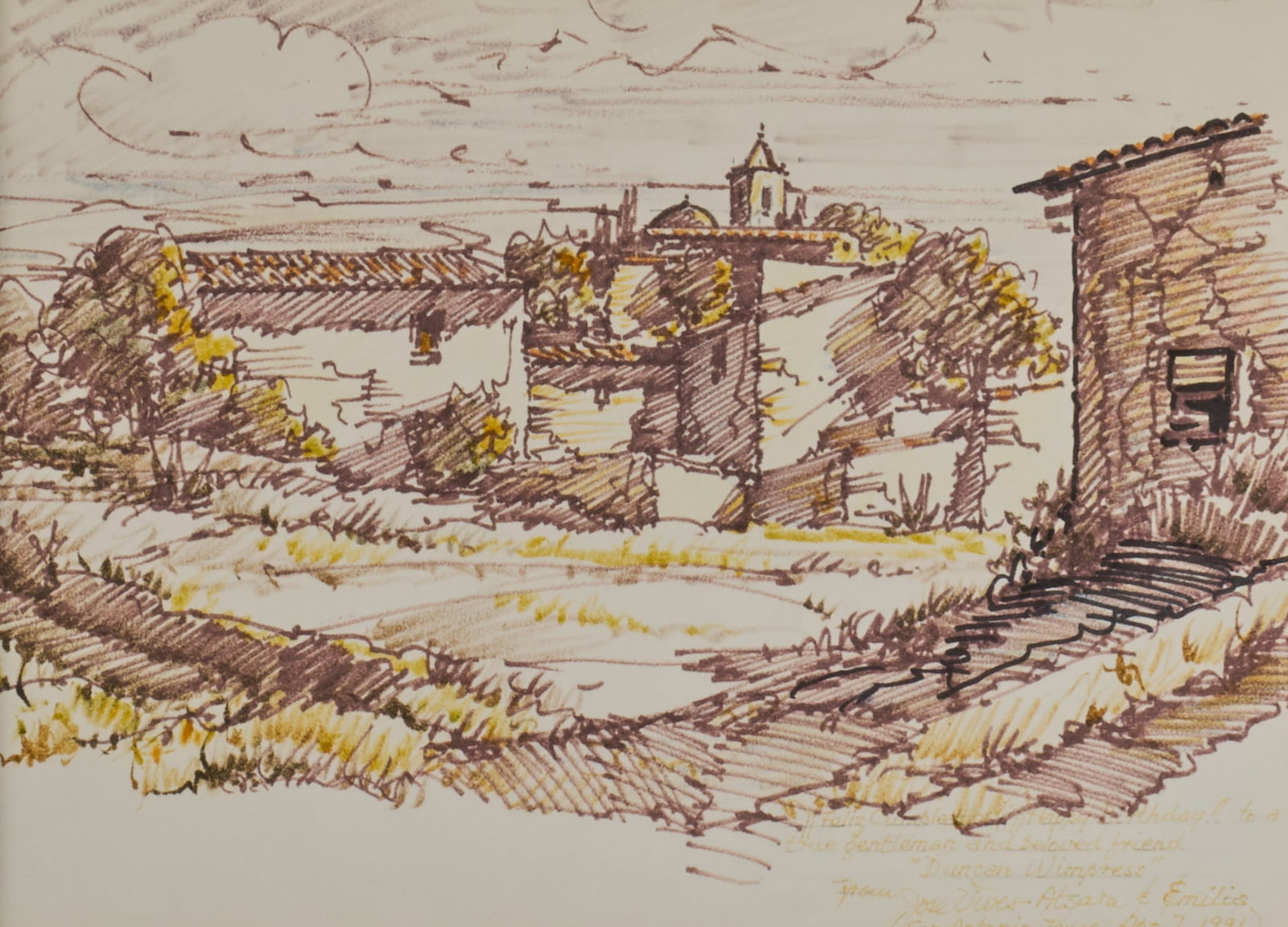 Jose Vives-Atsara, Catalonian Village Sketch: Jose Vives-Atsara (Spain / San Antonio, Texas, 1919-2004), Catalonian village sketch, felt tip marker on paper, signed lower right with personalized inscription sight: 9 x 12.5 in., frame: 16 x