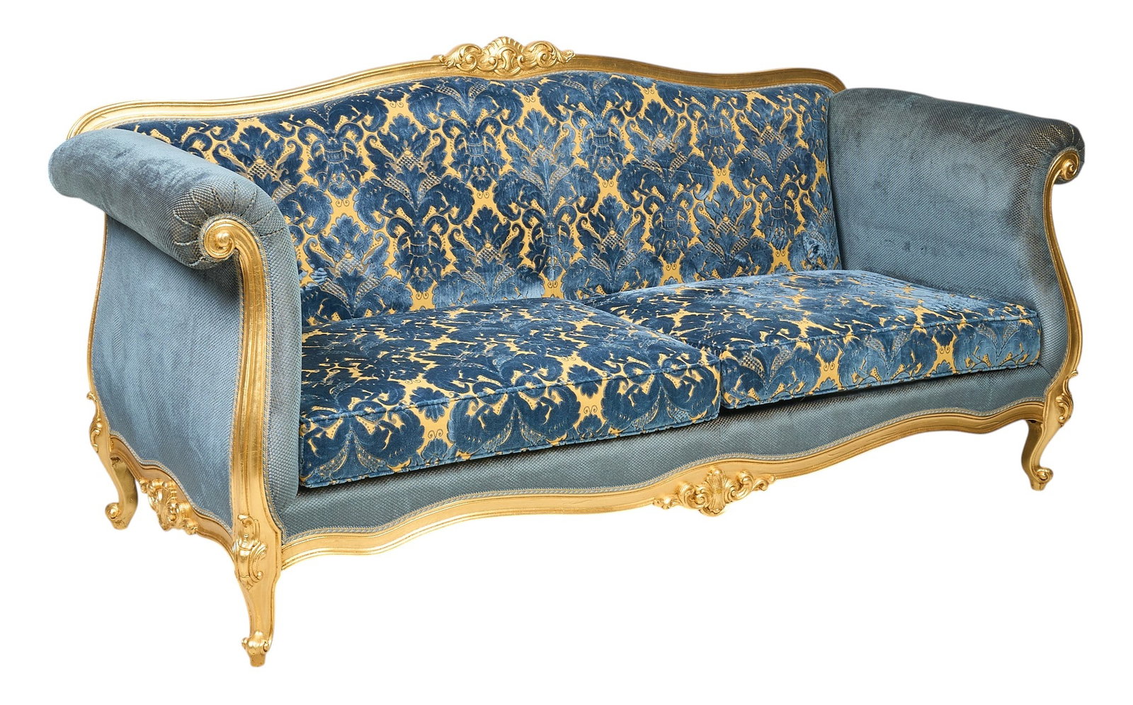 Louis XV Style Sofa: Seven-foot-wide Louis XV sofa with gold-painted frame, blue damask pattern upholstery, and cabriole legs height 41.5 in. x width 89 in. x depth 36 in. Provenance: Property from the Estate of Robert