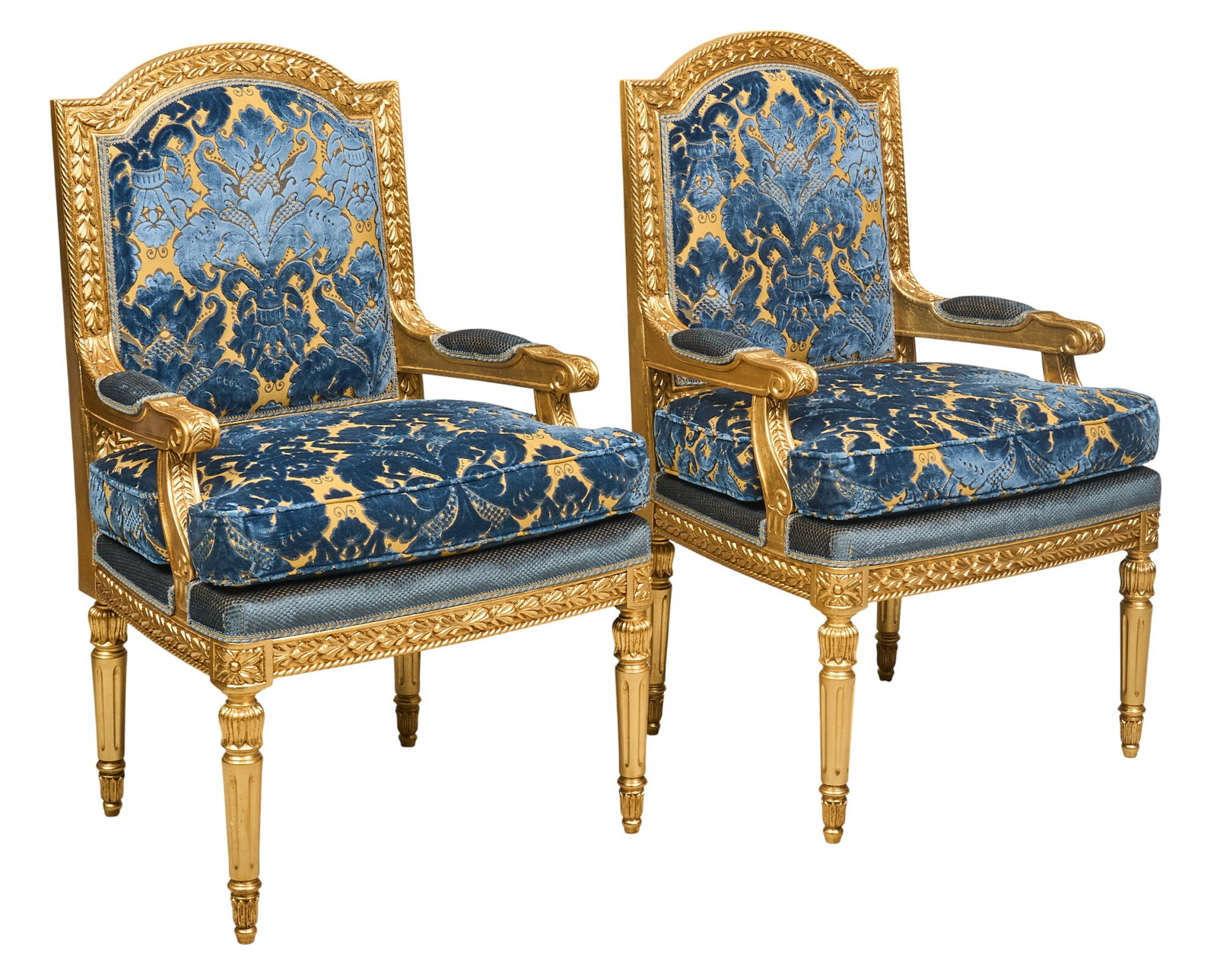 Pair of Italian Armchairs: Pair of Italian giltwood armchairs with plush blue damask pattern upholstery height 44 in. x width 26 in. x depth 25 in. / each Provenance: Property from the Estate of Robert A.
