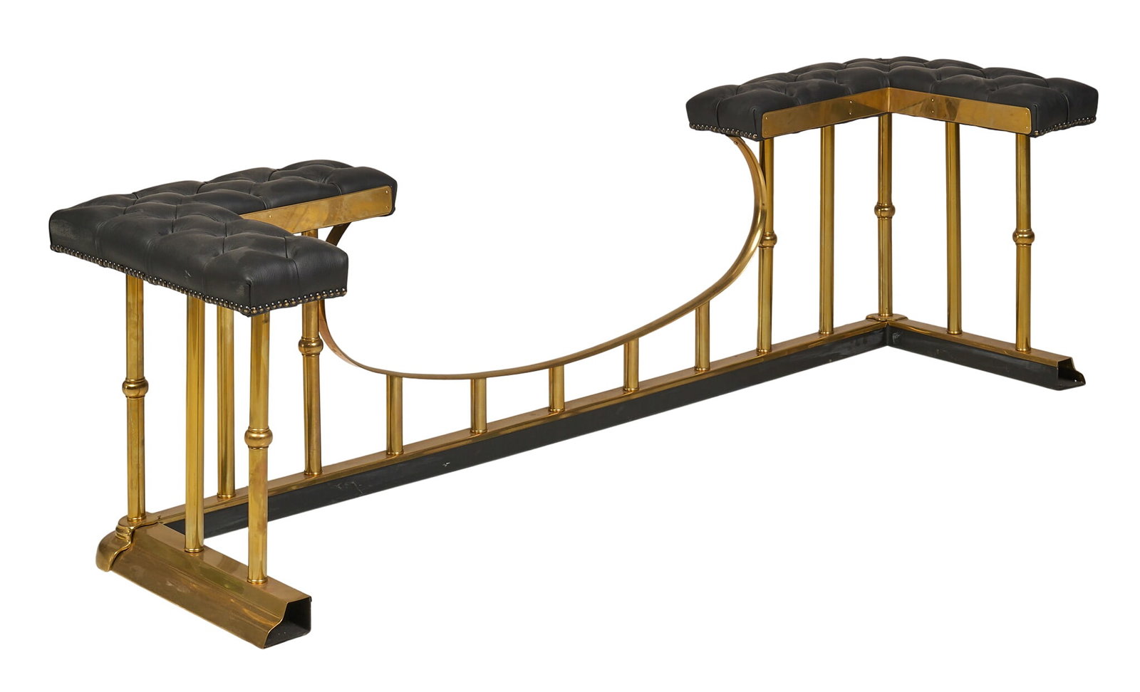 Regency Style Fireplace Fender: Regency style fireplace fender with tufted black leather and brass frame height 20 in. x width 68 in. x depth 19.5 in. Provenance: Property from a home in San Antonio, Texas