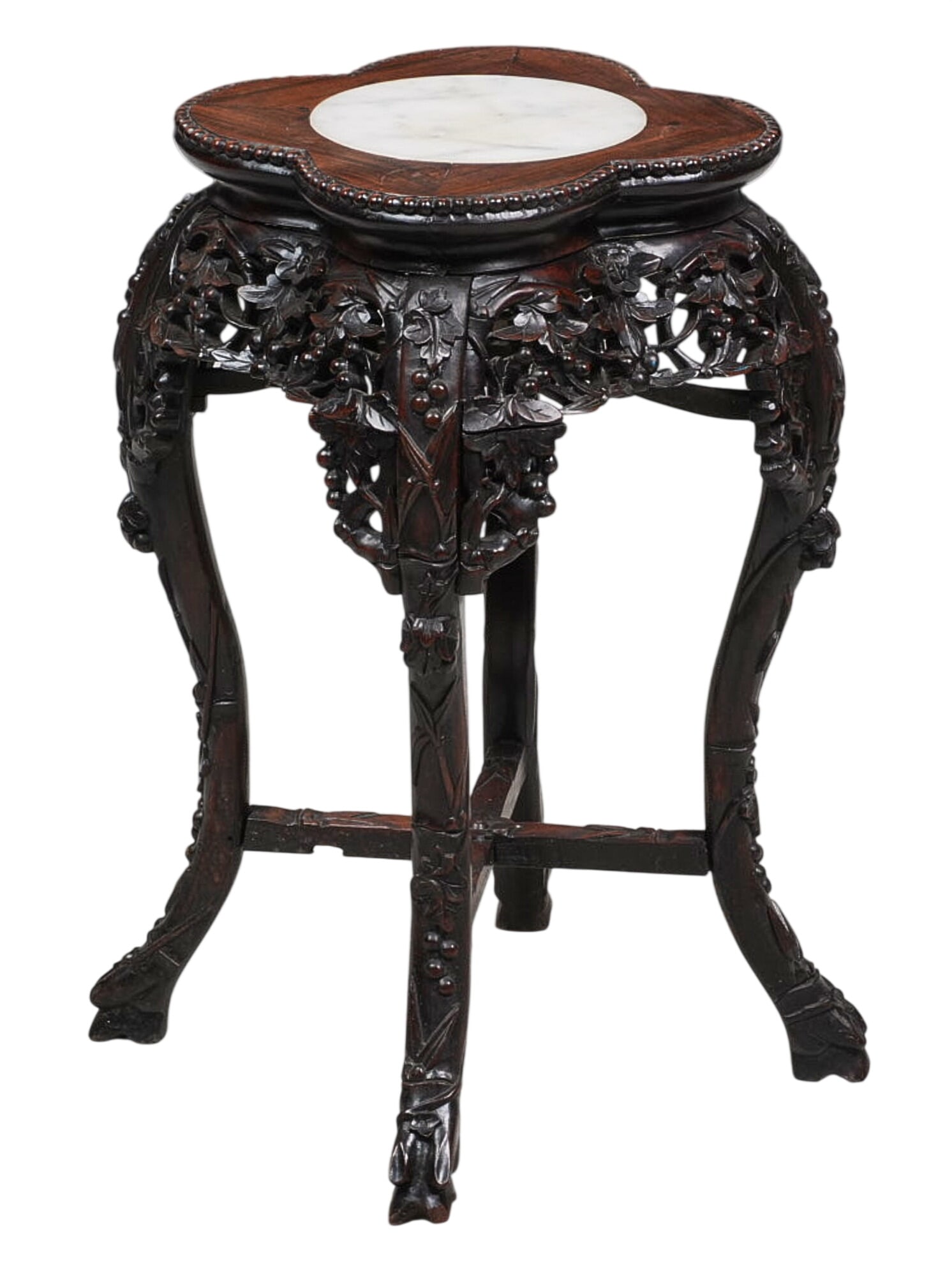 Vintage Chinese jardiniere Stand: Vintage highly carved Chinese jardiniere stand with inlaid marble top, circa 20th century height 24.5 in. x width 14 in. x depth 12 in. Provenance: Property from the personal collection of a