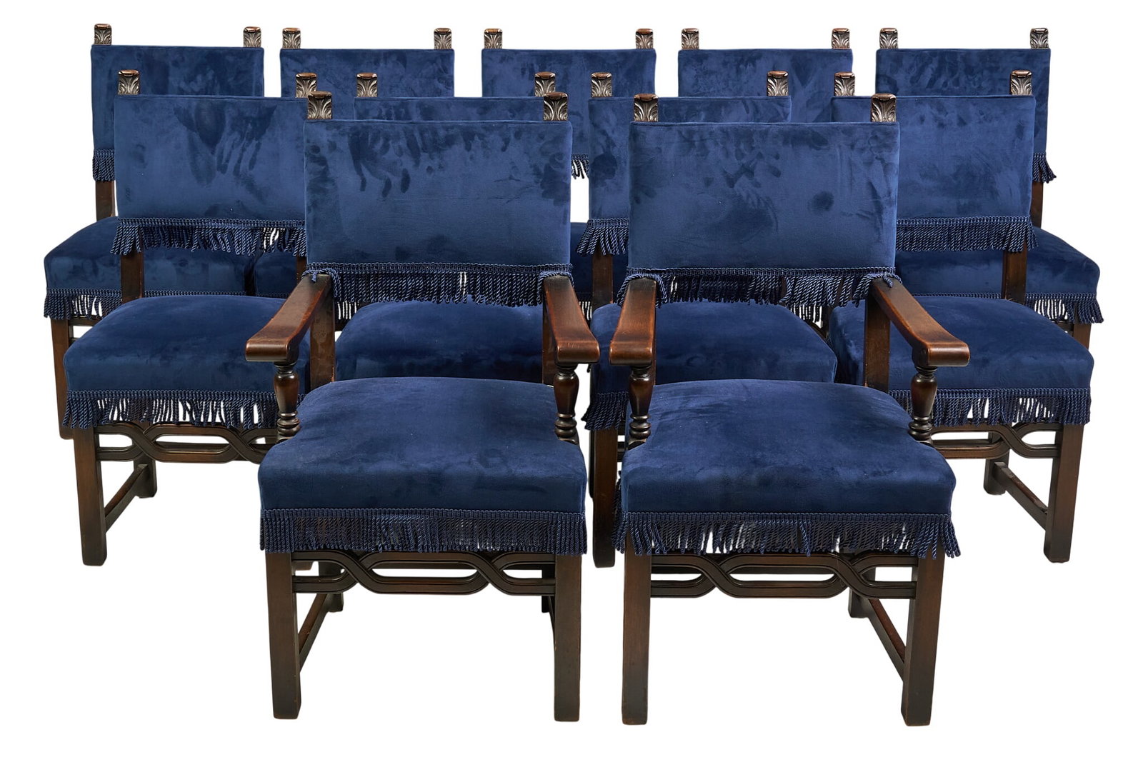 Set of (10) Blue Velvet Dining Chairs: Set of (10) blue velvet Renaissance style dining chairs, only two with arms height 40 in. x width 23 in. x depth 20 in. / each Provenance: Property from a home in Boerne, TX