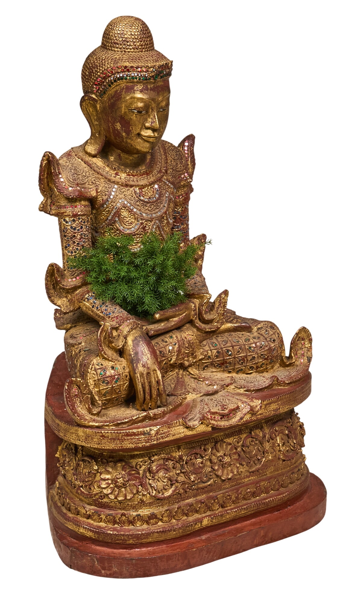 Vintage Burmese Crowned Buddha Statue: Vintage Burmese gilded wooden crowned Buddha statue with inlaid, circa 20th century height 31 in. x width 19 in. x depth 15 in. Provenance: Property from the personal collection of a