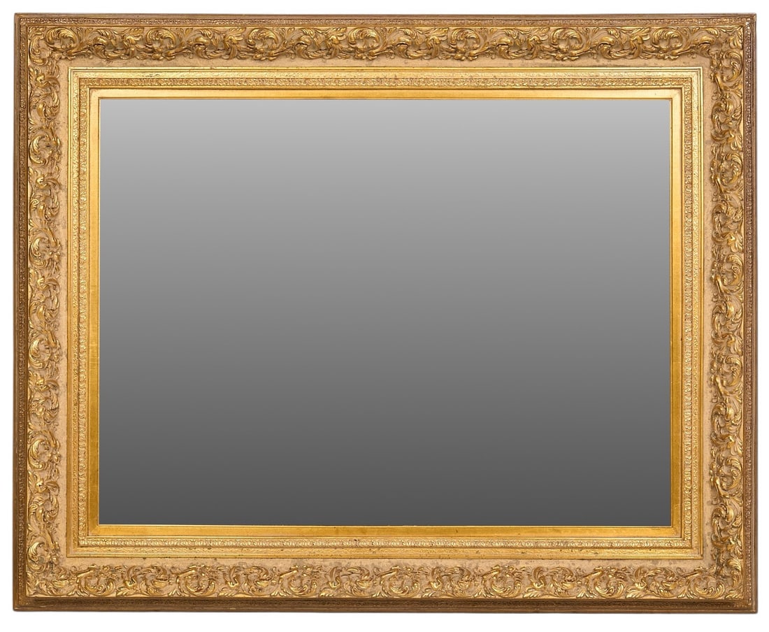 Large Giltwood Mirror: Large mirror with ornate giltwood frame height 50 in. x width 62 in. x depth 3 in. Provenance: Property from a home in San Antonio, Texas