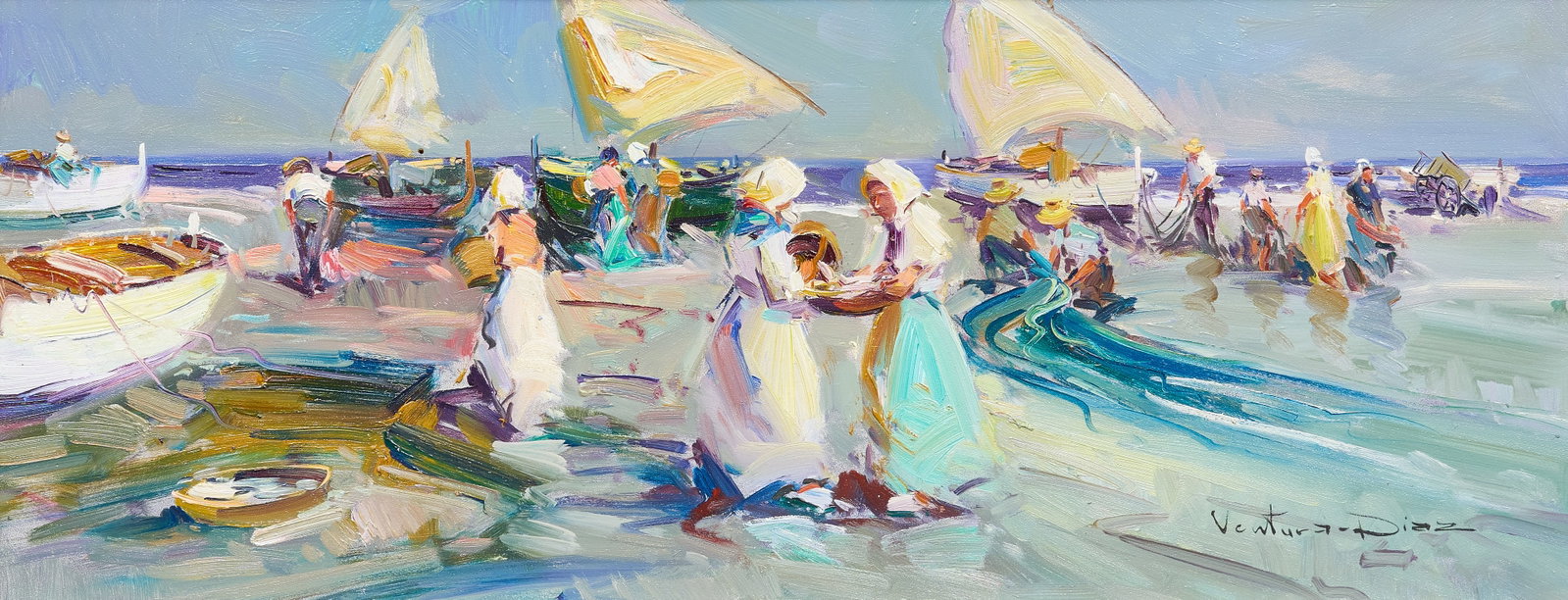 Ventura Diaz, "Pescadores": Ventura Diaz (Spain, b. 1948), "Pescadores", oil on panel, signed lower right sight: 9 x 23 in., frame: 19 x 33 in. Provenance: The estate of prominent Austin, Texas attorney