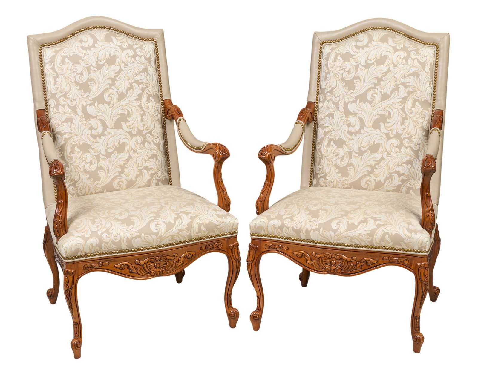 Pair of White Damask Armchairs: Pair of Louis XV fauteuil armchairs with damask pattern upholstery, and decoratively carved wooden frames height 7 in. x width 28 in. x depth 30 in. / each Provenance: Property from the Estate of Robe