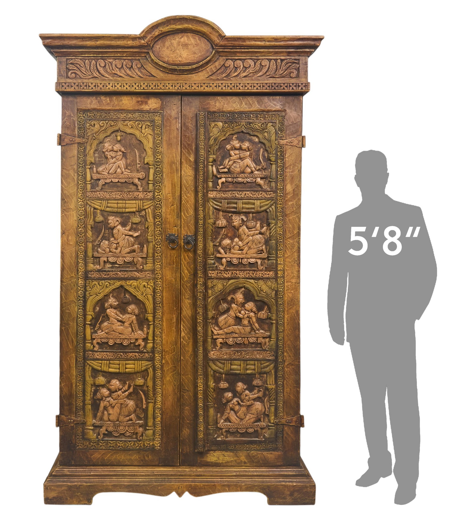 Monumental Carved Indian Wardrobe: Monumental vintage Indian style wardrobe with intricately carved Kama Sutra-themed reliefs height 95 in. x width 48 in. x depth 30 in. Provenance: Property from the Estate of Robert A.
