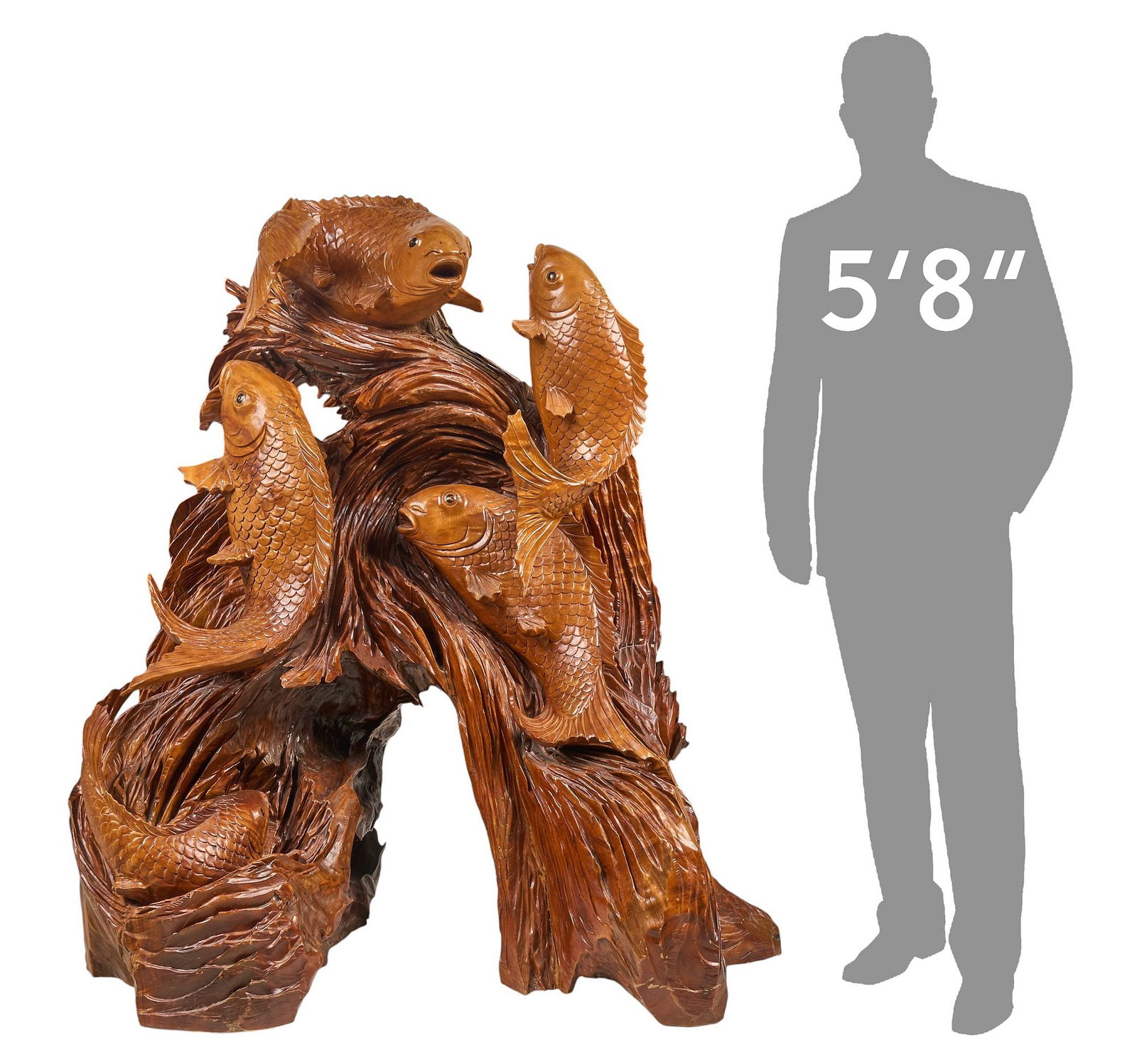 Monumental Koi Sculpture: Monumental carved wooden Chinese koi sculpture height 58 in. x width 28 in. x depth 32 in. Provenance: Property from a home in San Antonio, Texas