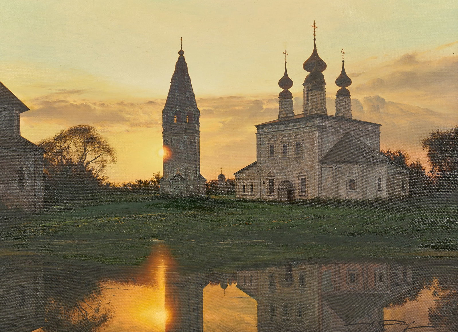 Aleksandr Sytov, "The Sun is Setting": Aleksandr Sytov (Russia, b. 1957), "The Sun is Setting", sunset view of the Church of St. John the Baptist in the village of Parskoye, Ivanovo, 1993, oil on natural canvas, signed and dated 