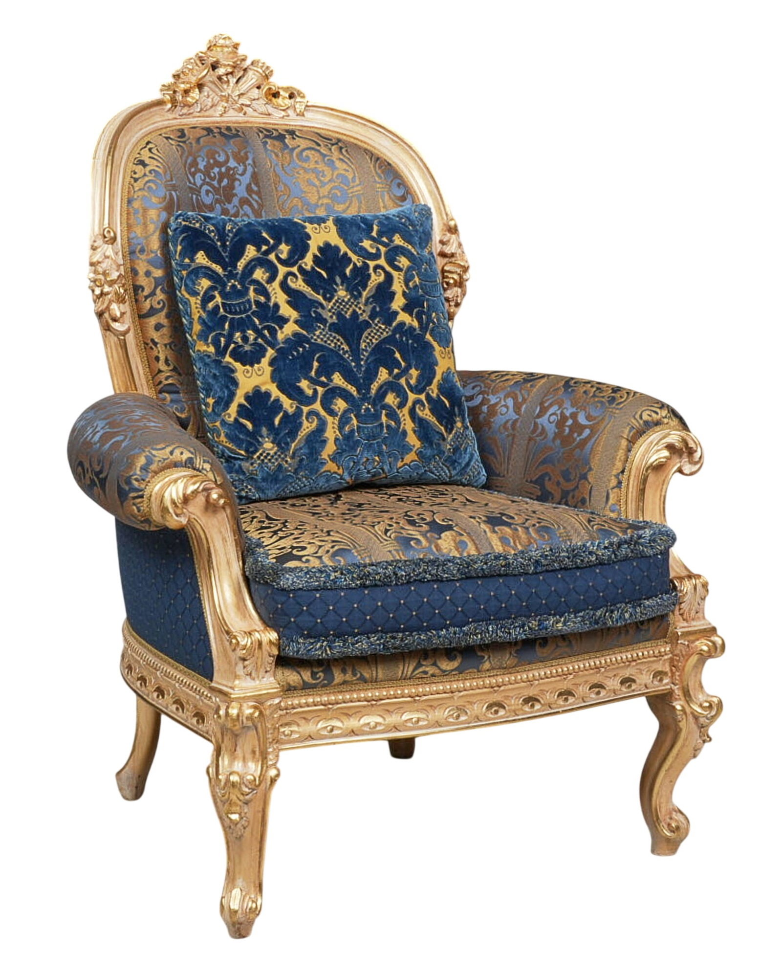 Italian Armchair: Italian armchair with gilt frame and blue damask pattern upholstery height 47 in. x width 37.5 in. x depth 35 in. Provenance: Property from the Estate of Robert A. "Bob" Funk Sr. -