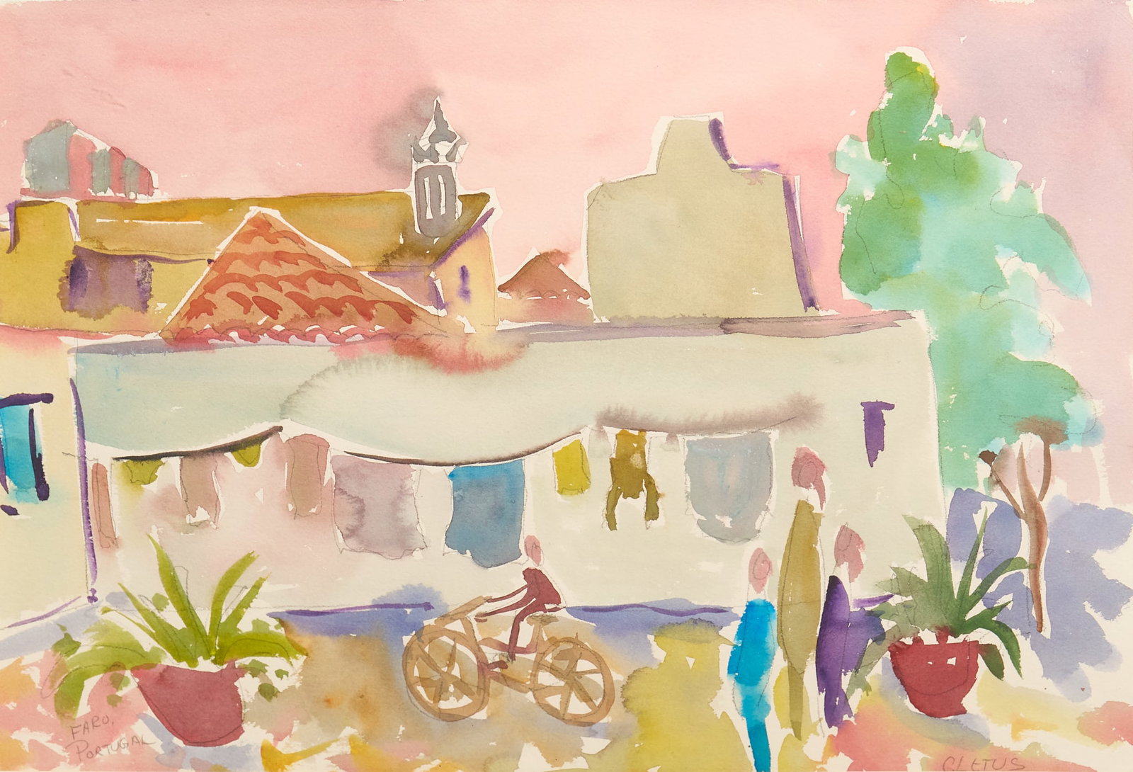 Brother Cletus Behlmann, "Faro, Portugal": Brother Cletus Behlmann (San Antonio, Texas, 1933-2016), "Faro, Portugal", watercolor on watercolor paper, titled lower left, signed lower right sight: 14 x 20 in., frame: 20.5 x