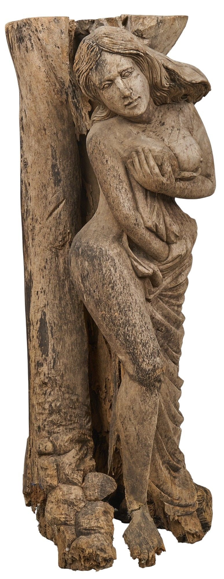 Large Classical Wooden Statue: Large wooden sculpture of semi-nude female figure height 49 in. x width 17 in. x depth 24 in. Provenance: Property from a home in San Antonio, Texas