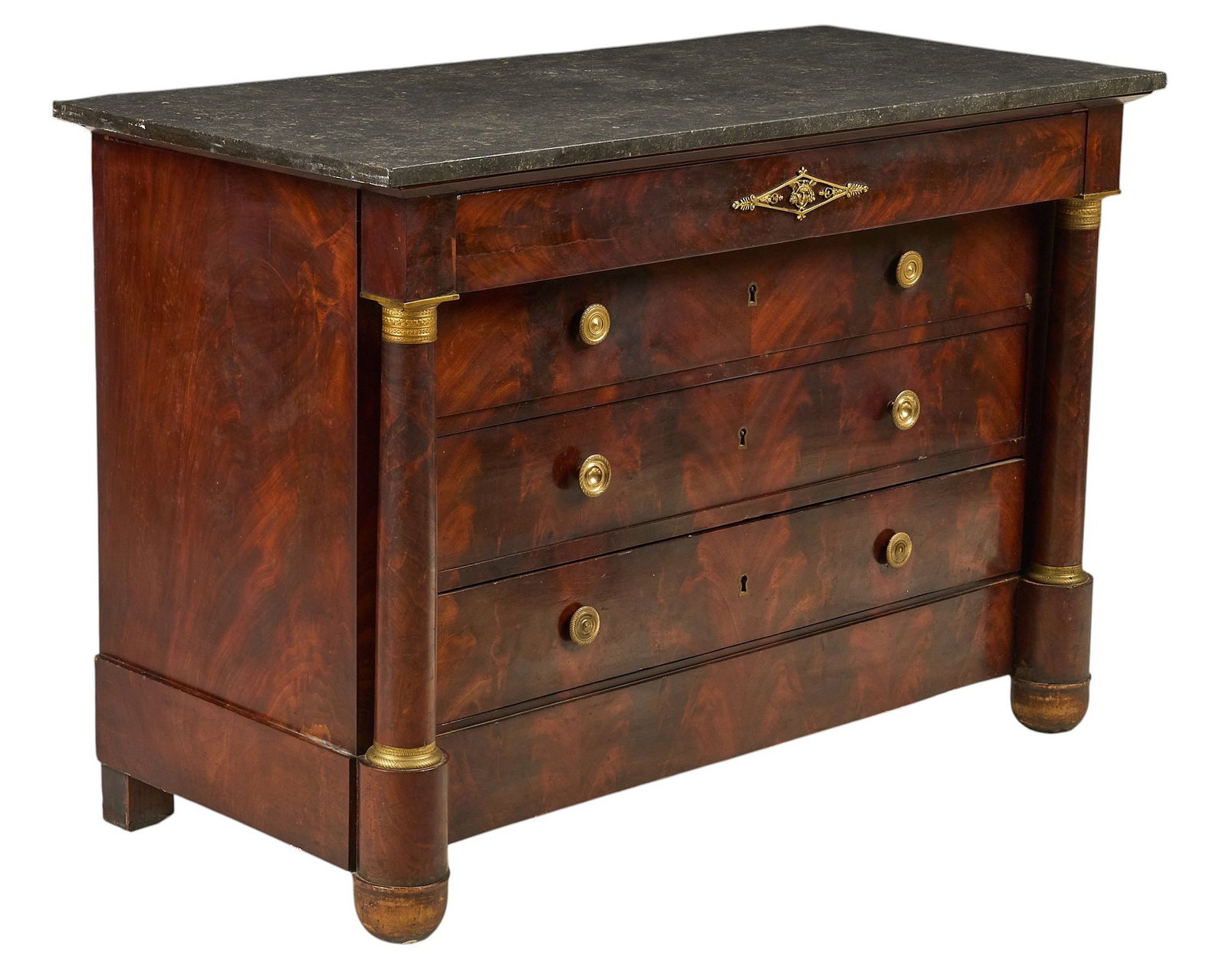 French Empire Commode: French Empire commode with marble top, three drawers, and gilt brass decoration height 35 in. x width 51.5 in. x depth 24 in. 