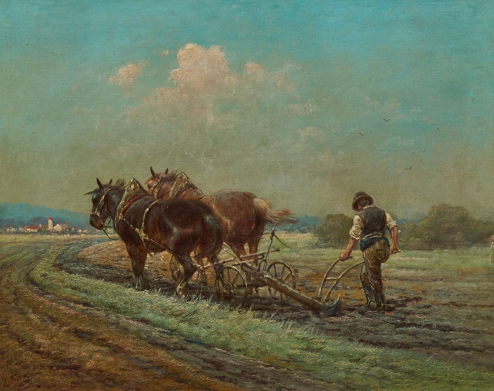 European Agricultural Scene: Antique agricultural landscape with man plowing field, signed L. Fritz at lower left, oil on canvas sight: 15 x 19 in., frame: 21.5 x 25.5 in. Provenance: Property from the Estate of Robert A.