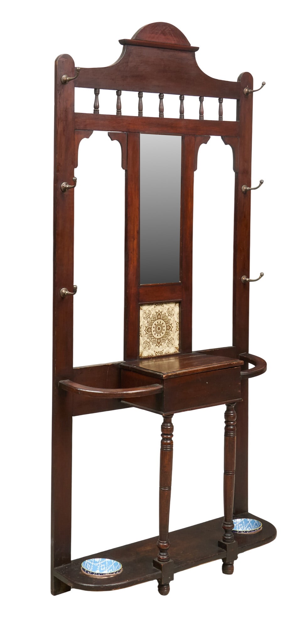 Antique Hall Tree: Antique wooden hall tree with central mirror, a small storage compartment, and multiple hooks for coats and hats, circa early 20th century height 78 in. x width 36 in. x depth 11 in. 