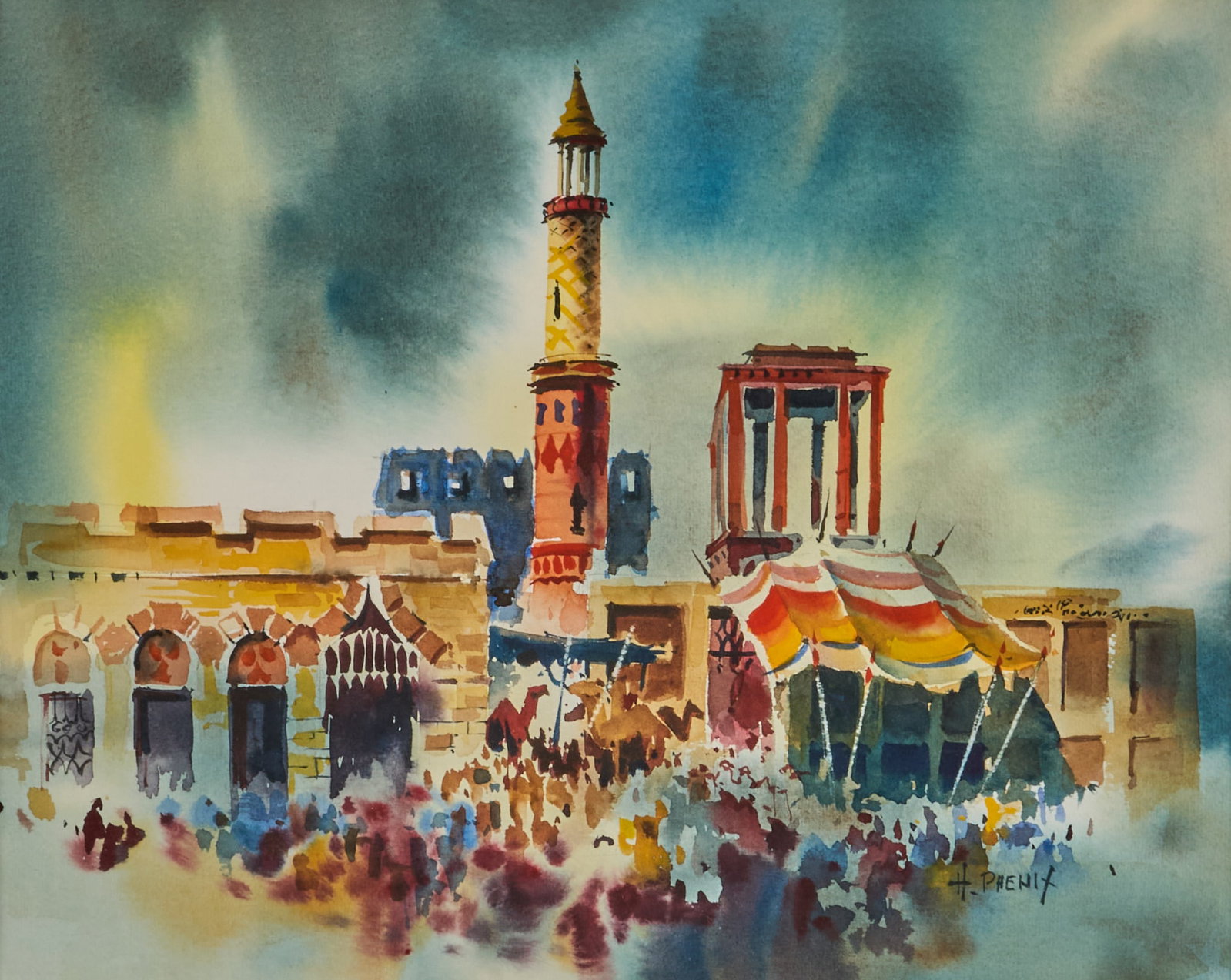 Harold Phenix, "The Souk": Harold Phenix (Amer., 1928-2009), "The Souk", watercolor on watercolor paper, signed lower right, titled in pencil on the verso (gallery receipt lists title as "Indian Souq")