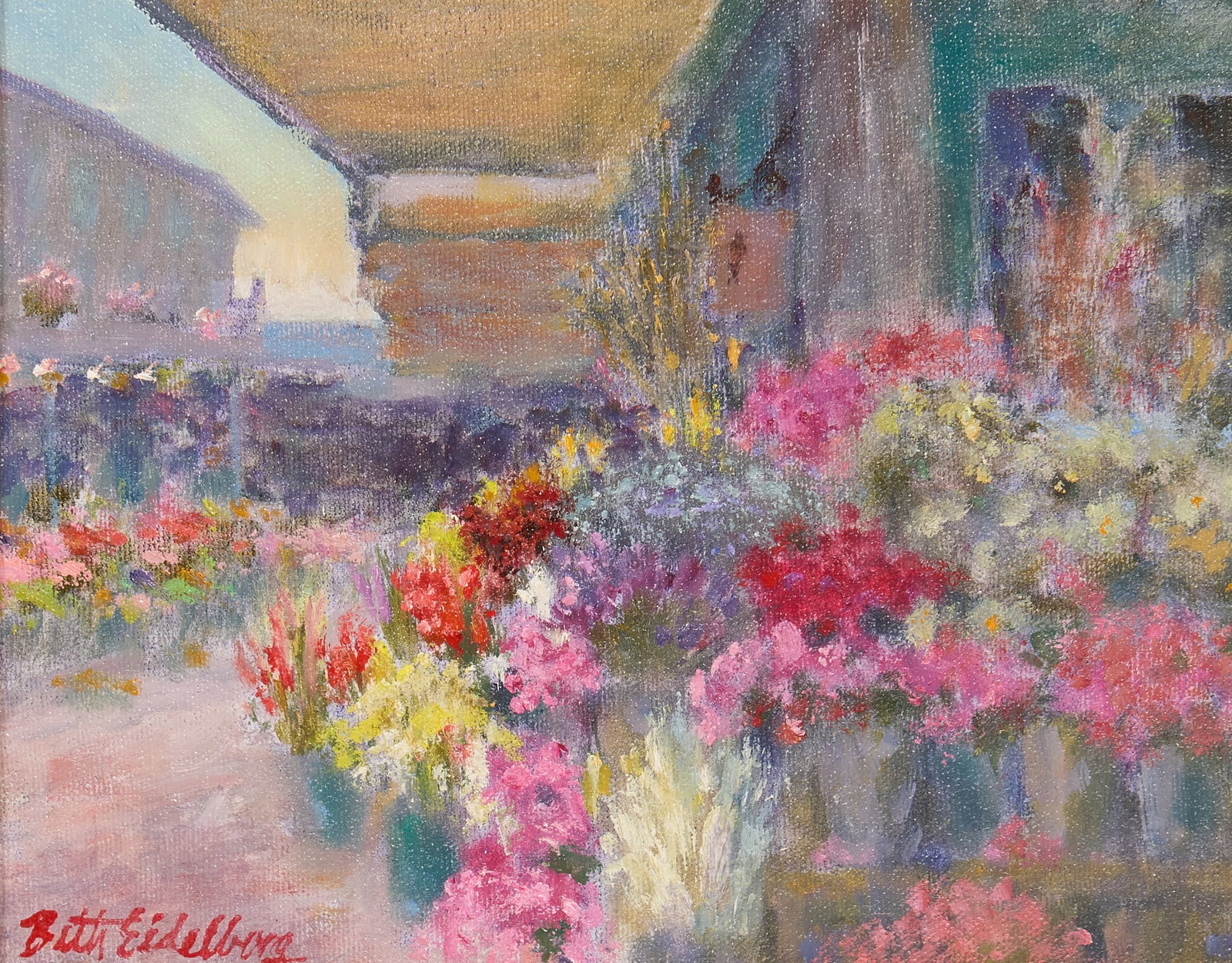 Beth Eidelberg, "Flower Market": Beth Eidelberg (Texas, 1933-2018), "Flower Market", oil on canvas, signed lower left sight: 8 x 10 in., frame: 16.5 x 18.5 in. Provenance: Property from a home in San Antonio,