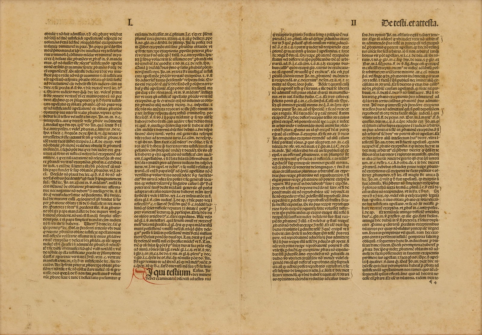 Illuminated Manuscript Leaf Printed by Johann Amerbach, 1487-1488: Framed folio leaf from a two-column blackletter Latin text, featuring rubricated initials, printed by Johann Amerbach in 1487-1488, this leaf is from a five-volume set height 15.75 in. x width 21.5&nb
