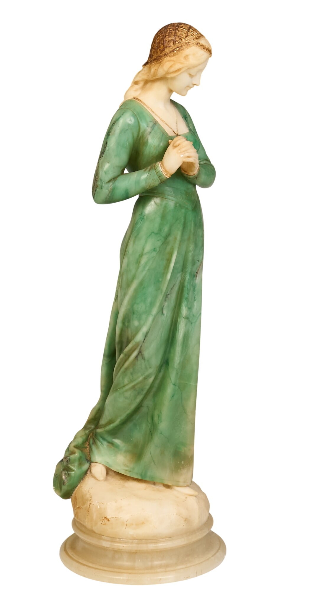 Green Alabaster Figural Sculpture with Base: Green alabaster and gold leaf figural sculpture with separate base, in the style of Emilio Fiaschi height 34 in x width 10 in. x depth 11 in. Provenance: Property from a home in