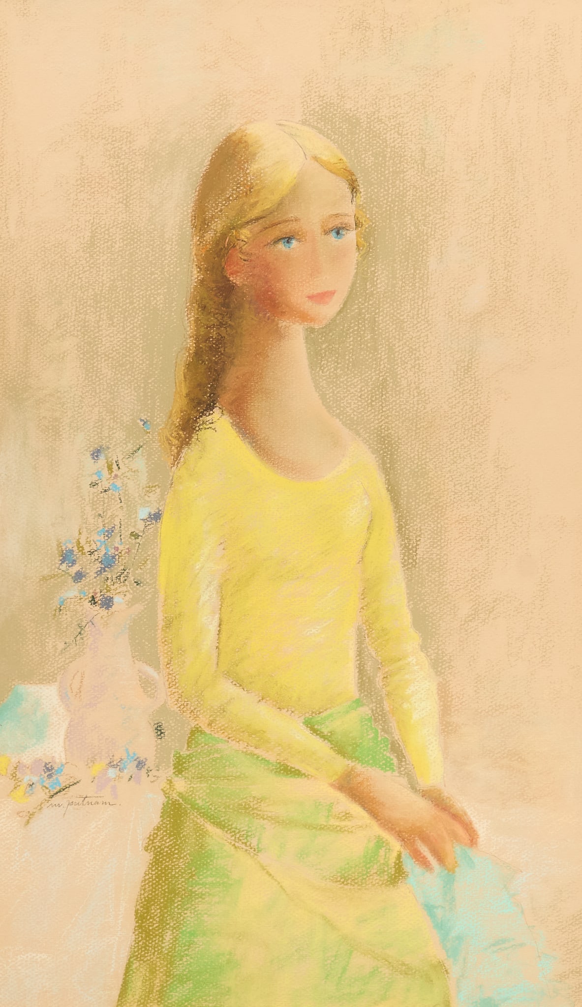 Margaret Putnam, "Girl in Yellow": Margaret Putnam (Texas, 1913-1989), "Girl in Yellow", pastel on paper, signed lower left; with the now-closed NanEtte Richardson Fine Art (San Antonio, Texas) gallery label on the