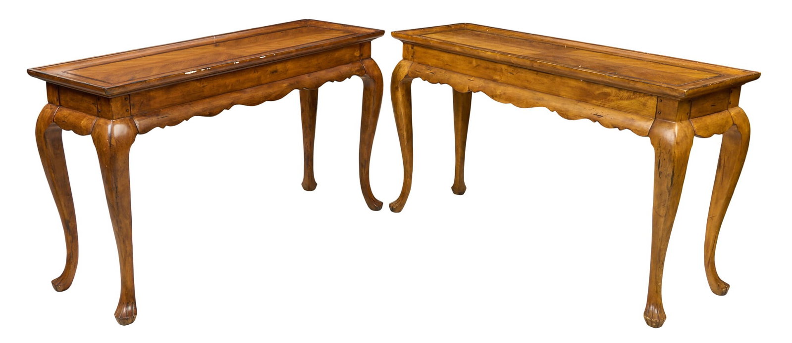 (2) Vintage French Provincial Style Tables: Two French Provincial style entry tables with decorative aprons height 33 in. x width 56 in. x depth 18 in. / each Provenance: Property from the Estate of Robert A. "Bob" Funk Sr. - tr