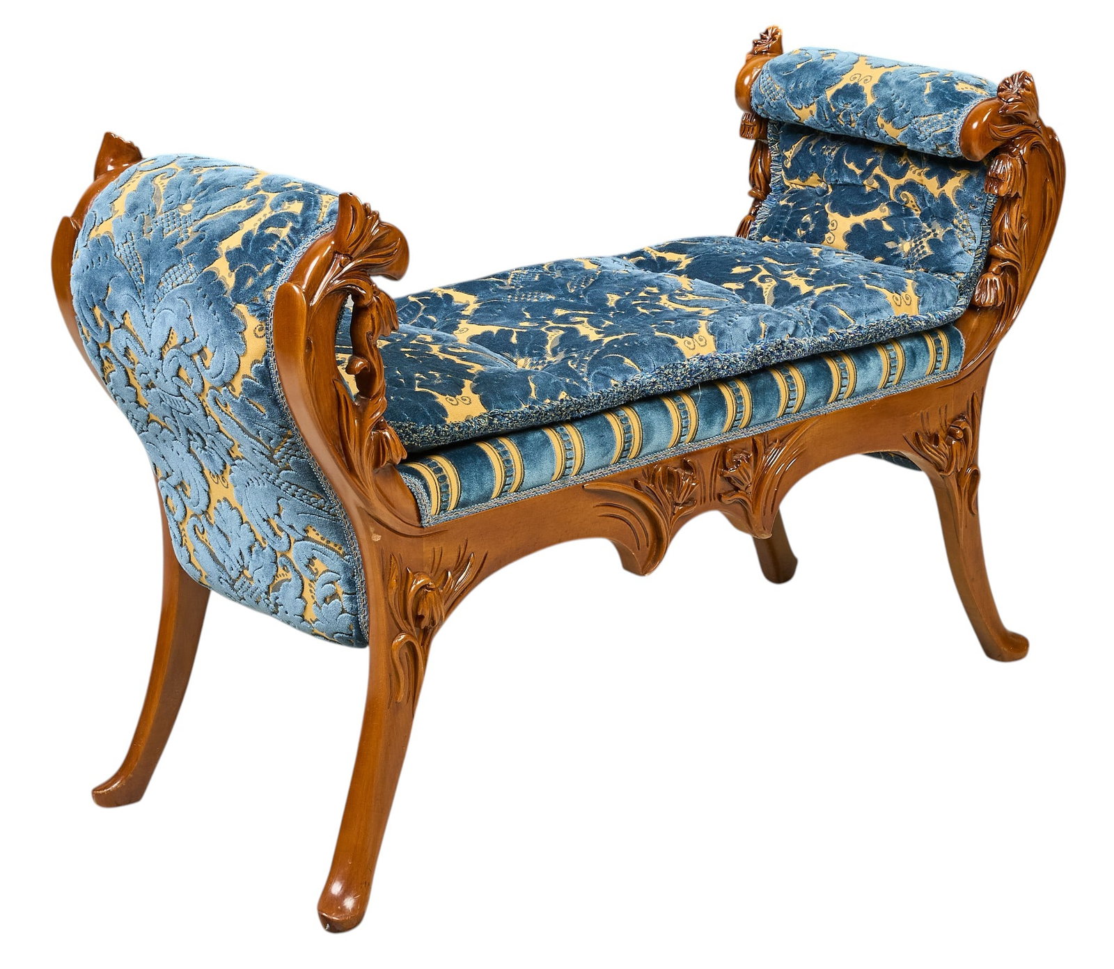 Ornate Window Seat: Ornate window seat with blue velvet damask upholstery with decoratively carved frame height 31 in. x width 48 in. x depth 19 in. Provenance: Property from the Estate of Robert A.