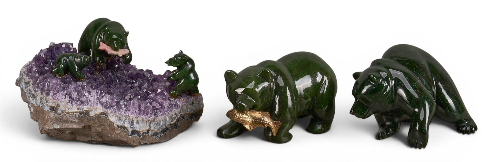 (3) Nephrite Jade Bear Sculptures: Three nephrite jade bear sculptures in the style of Lyle Sopal, one signed illegibly height 5.5 in. x width 8.5 in. x depth 7.5 in. / largest Provenance: Property from the Estate of Robert A.