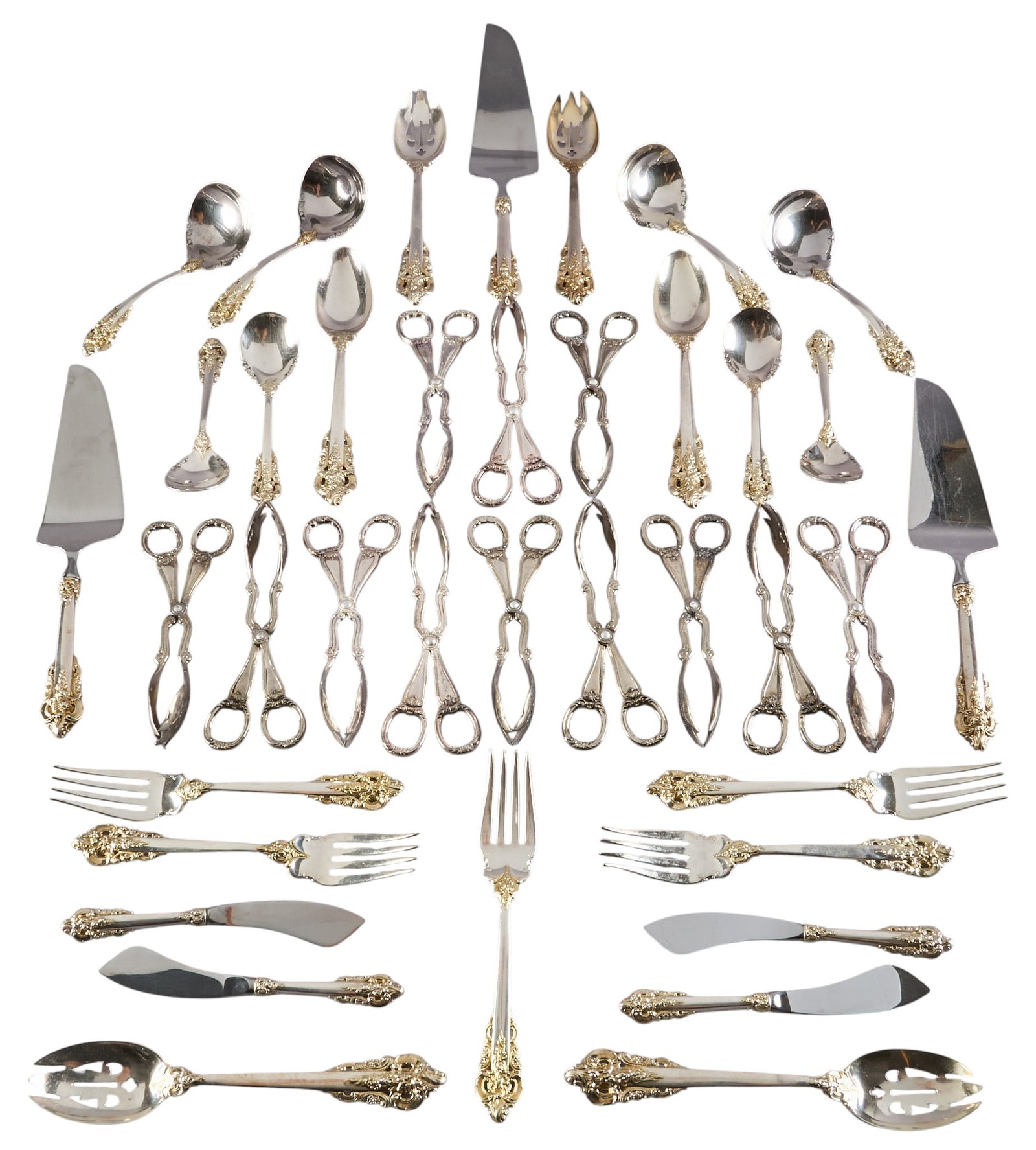 "Grand Baroque" Partial Sterling Silver 38 pc Flatware Set by Wallace Silversmiths: "Grand Baroque" partial sterling silver 38 pc flatware set by Wallace Silversmiths, no monogram or removal Includes: 4 dining forks 8 in. 4 pierced serving spoon 1 cold meat servi