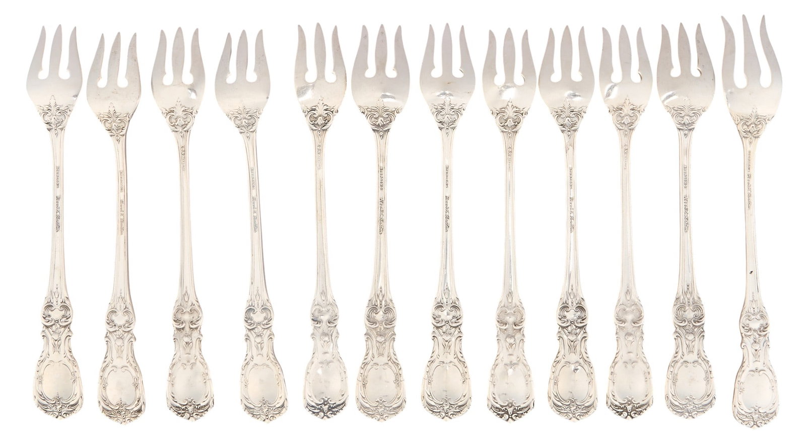 (12) "Francis I" by Reed & Barton Sterling Silver Cocktail Forks: Set of twelve "Francis I" sterling silver cocktail forks, by Reed & Barton, no monogram or removal Length: 5.5 in. / each Total weight: 8.6 ozt