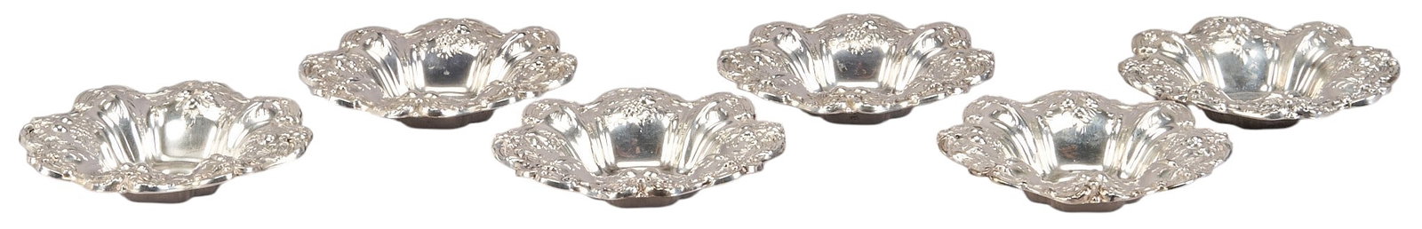 (6) "Francis I" by Reed & Barton Sterling Silver Nut Dishes: Set of six "Francis I" sterling silver nut dishes, by Reed & Barton, no monogram or removal Length: 3.25 in. / diameter Total weight: 9.8 g Provenance: Property from an estate