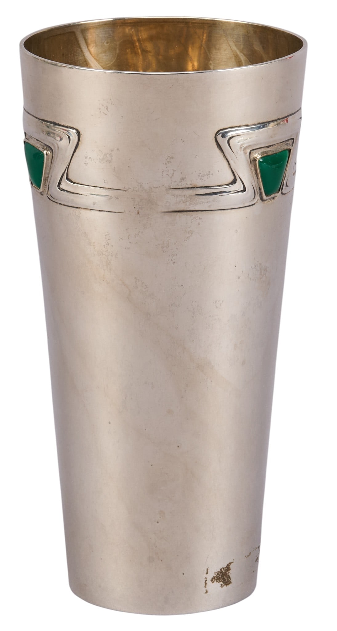 .830 Silver Tumbler with Stone Inlay: .830 silver tumbler with stone inlay, marked to bottom Size: 6 in. tall x 3 in. diameter Total weight: 8.1ozt Provenance: