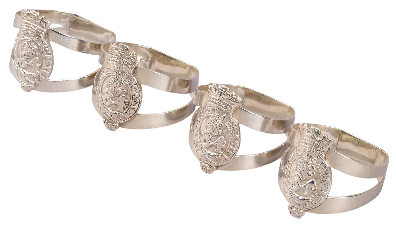 (4) Sterling Silver English Napkin Holders: Set of four sterling silver napkin holders, no monogram or removal Size: 1.75 in. / diameter Total weight: 4.8 ozt Provena