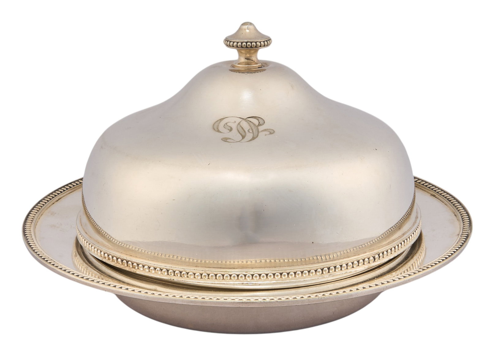 Silver Plate Butter Dish: Silver plate butter dish with lid, monogrammed to lid Size: 7.25 in. diameter x 5 in. height Provenance: Property from an estate collection at a home in the Lincoln Heights neighborhood of San