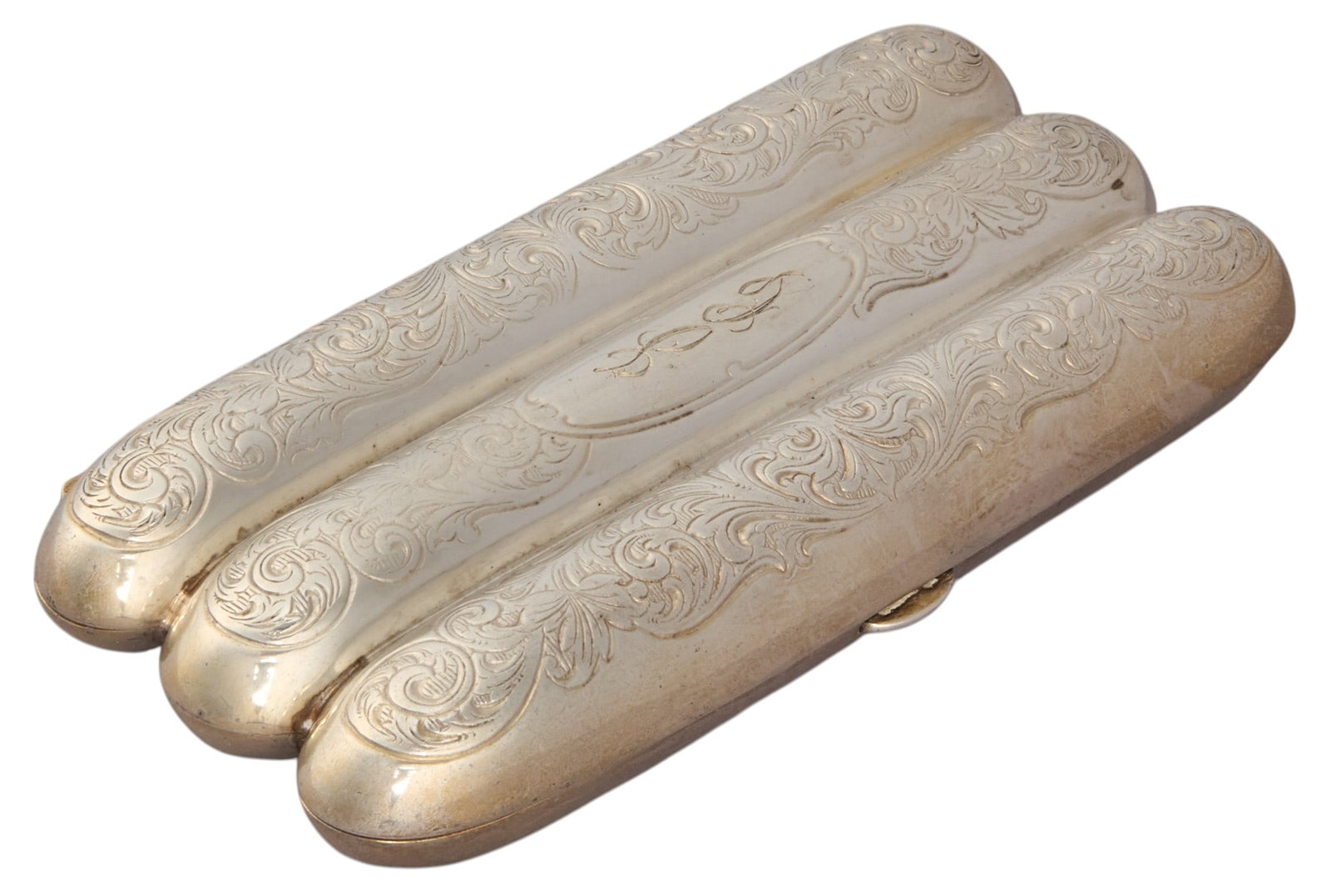 Sterling Silver Repousse Cigar Case: Sterling silver repousse cigar case, with space for three cigars, marked "Sterling" Length: 5 in. x 2.25 in. Total weight: 2.8 ozt Provenance: Property from an estate collection at a