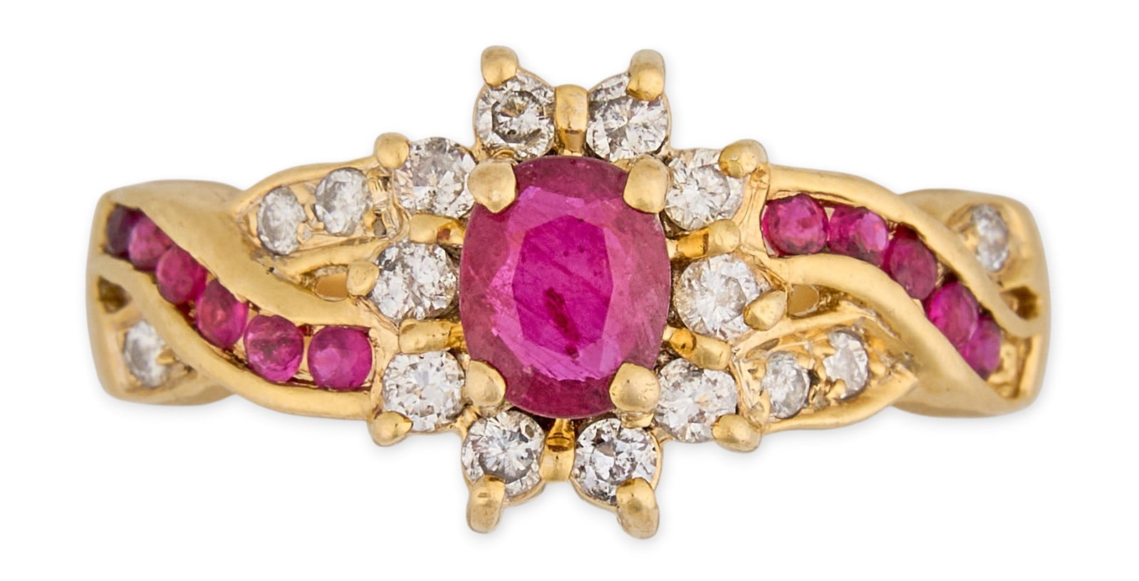 14K Ruby & Diamond Ring: 14K yellow gold ring, set with oval cut center stone, accented by round cut diamond and ruby details, marked "14K" Size: 5 Total weight: 3.5 g Provenance: Property from an estate