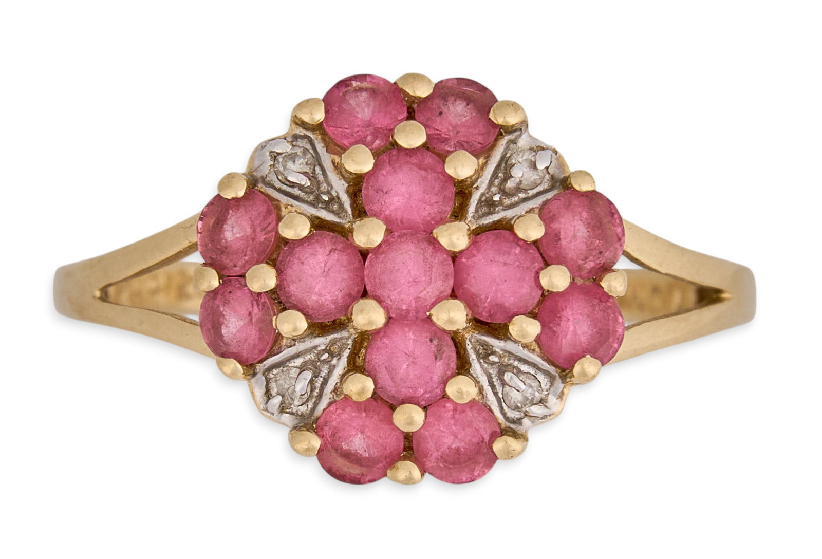 14K Diamond & Tourmaline Ring: 14K yellow gold ring, set with round cut tourmaline and diamond details, set in a two-tone floral design, marked "14K" Size: 7.25 Total weight: 2.8 g Provenance: Property from a home in San