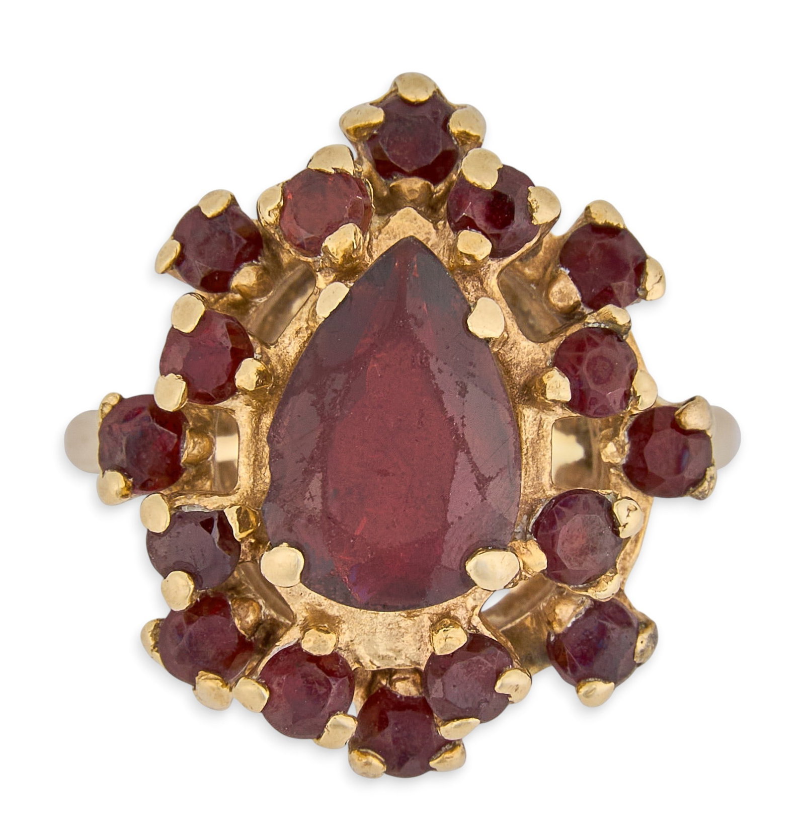 14K Garnet Cluster Ring: 14K yellow gold ring, set with pear and round cut garnet stones in a cluster design, marked "14K" Size: 5.75 Total weight: 7.1 g Provenance: Property from a home in San Antonio, Texas